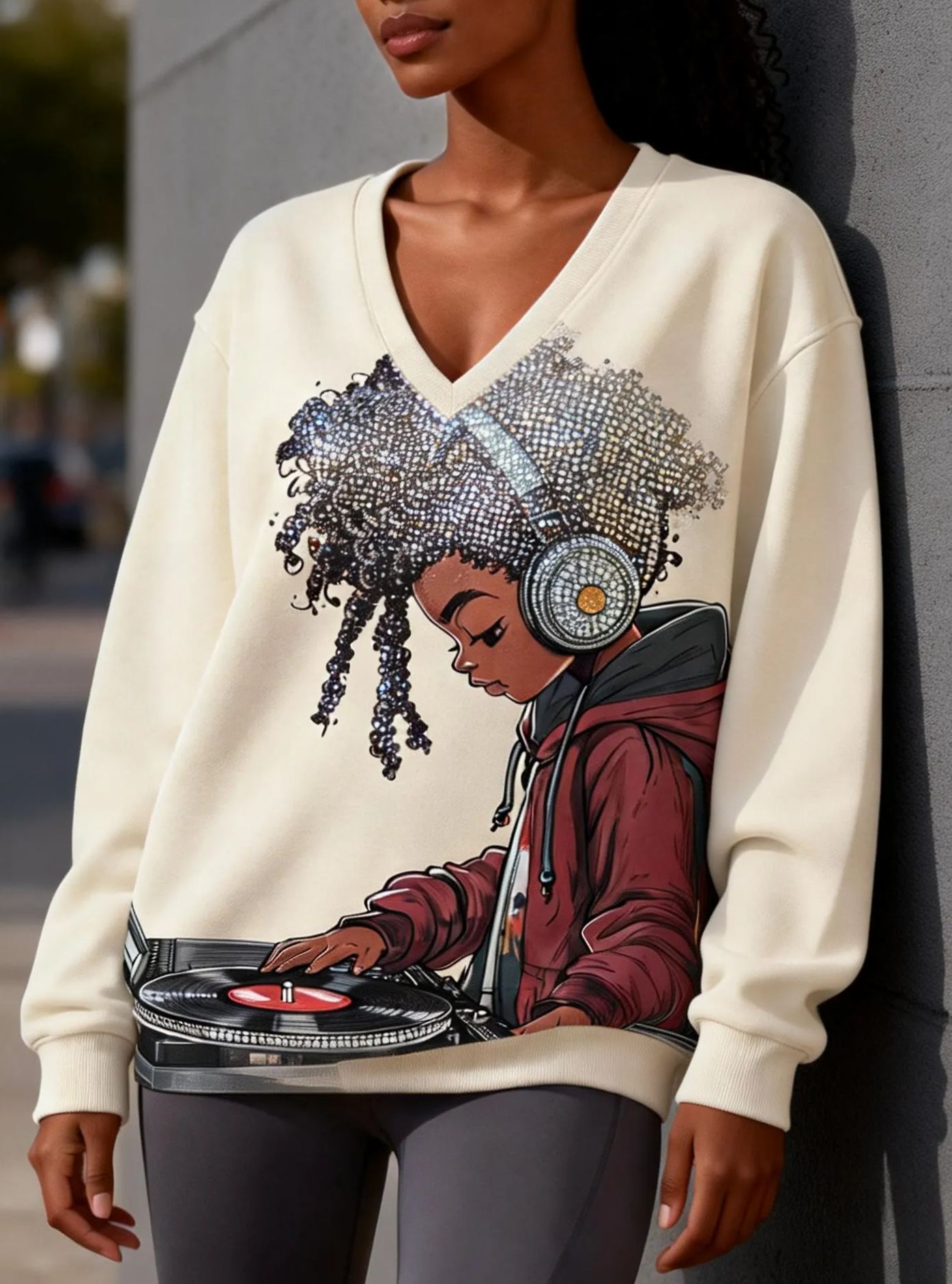 DJ Girl Rhinestone Afro Graphic Music-Inspired Oversized V-Neck Sweatshirt 