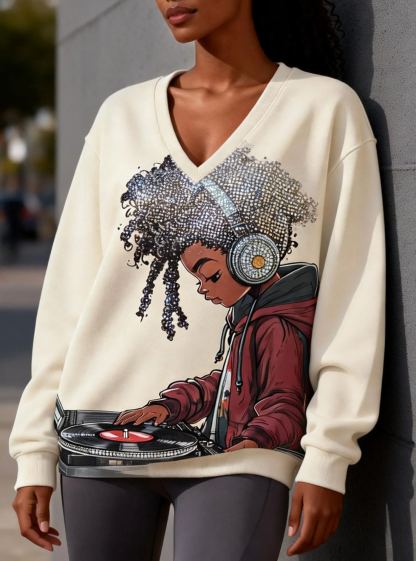 DJ Girl Rhinestone Afro Graphic Music-Inspired Oversized V-Neck Sweatshirt 
