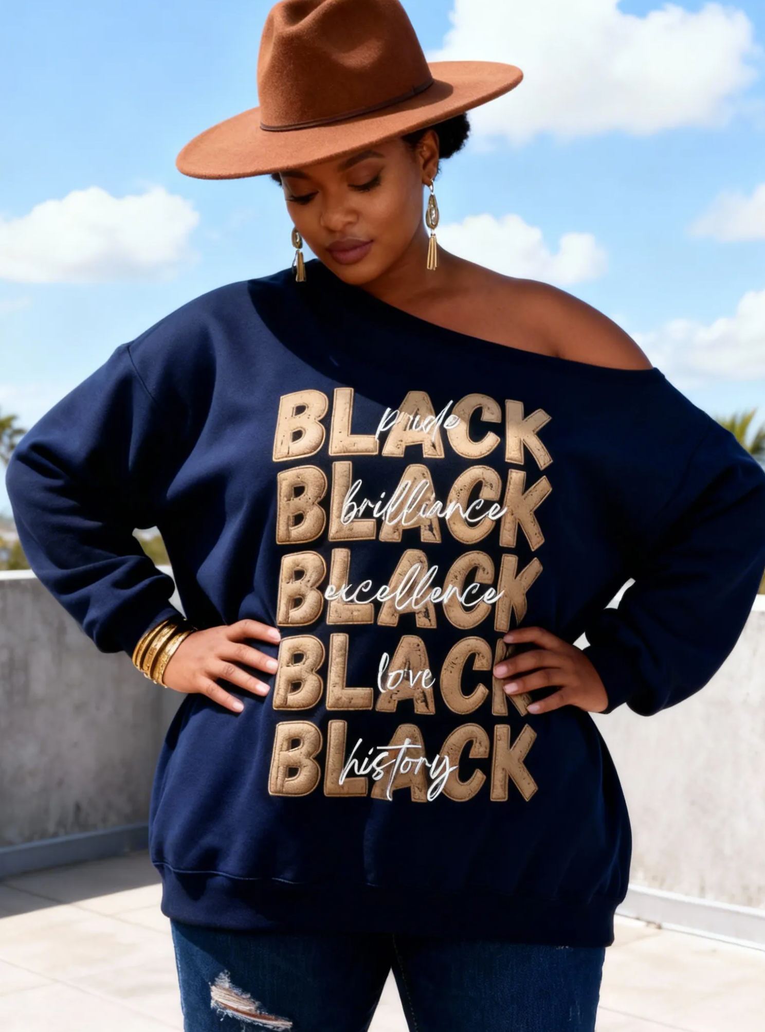 Black Pride Brilliance Excellence Graphic Off-Shoulder Oversized Sweatshirt 