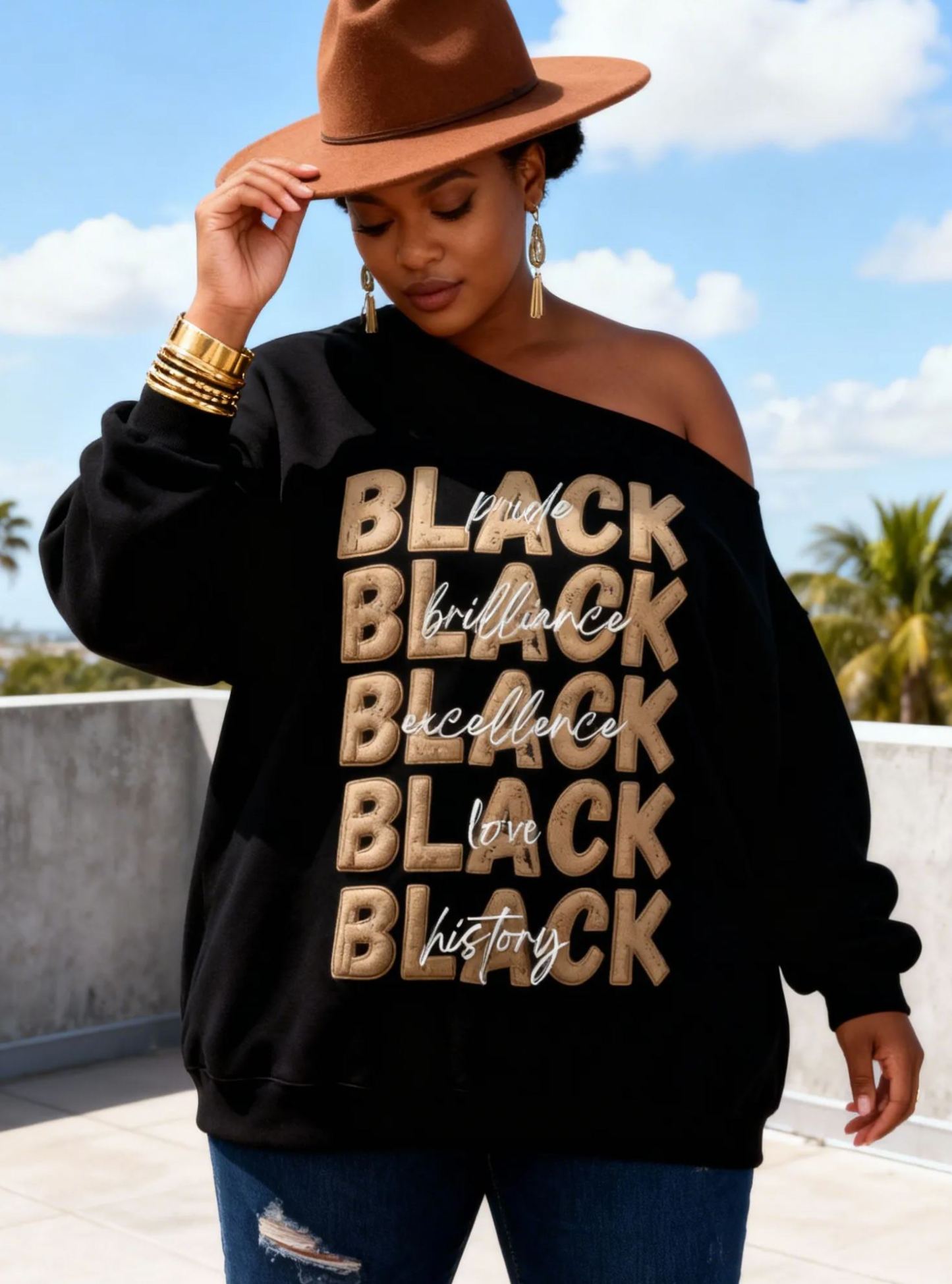 Black Pride Brilliance Excellence Graphic Off-Shoulder Oversized Sweatshirt 