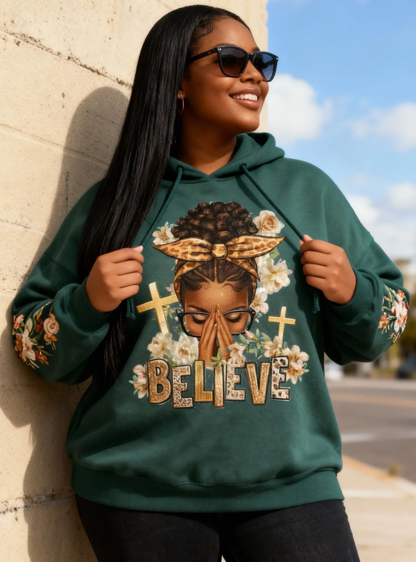 "Believe" Floral & Cross Graphic Hoodie 