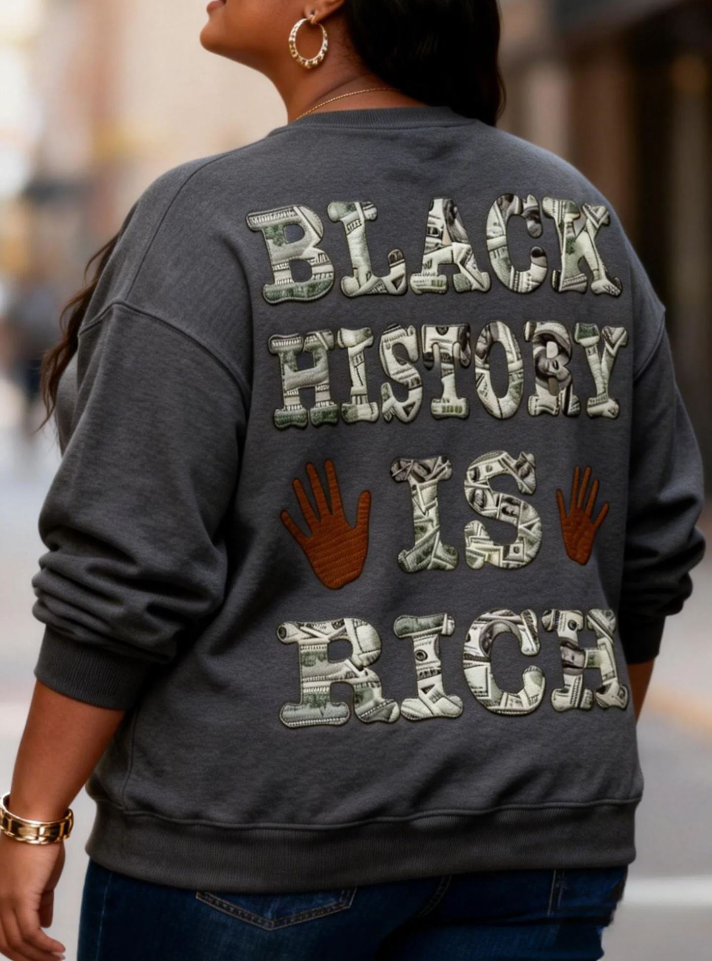 "Black History Is Rich"  Print Crewneck Oversized Sweatshirt 