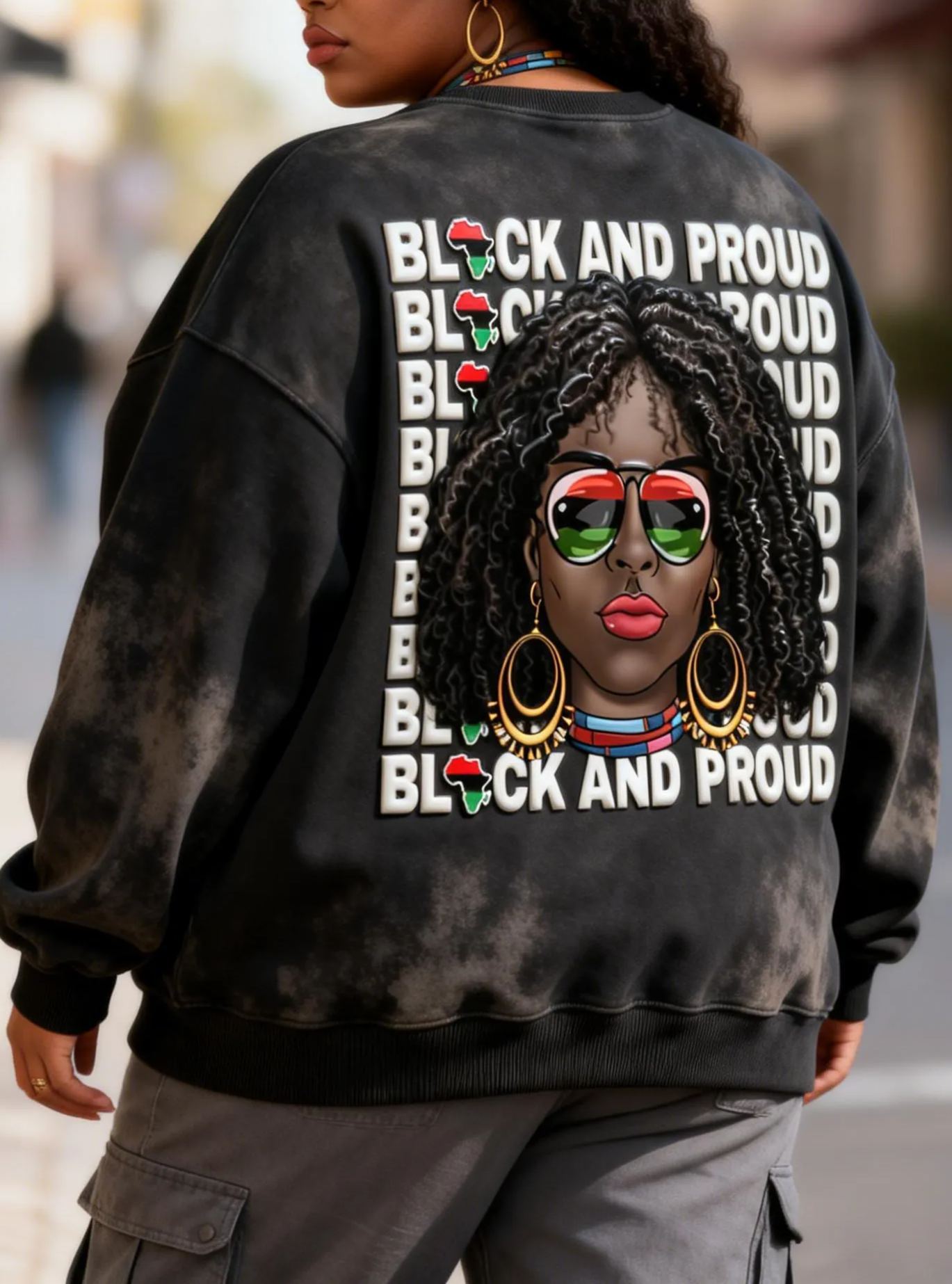 Black & Proud Puff Print Tie-Dye Crewneck Oversized Sweatshirt 