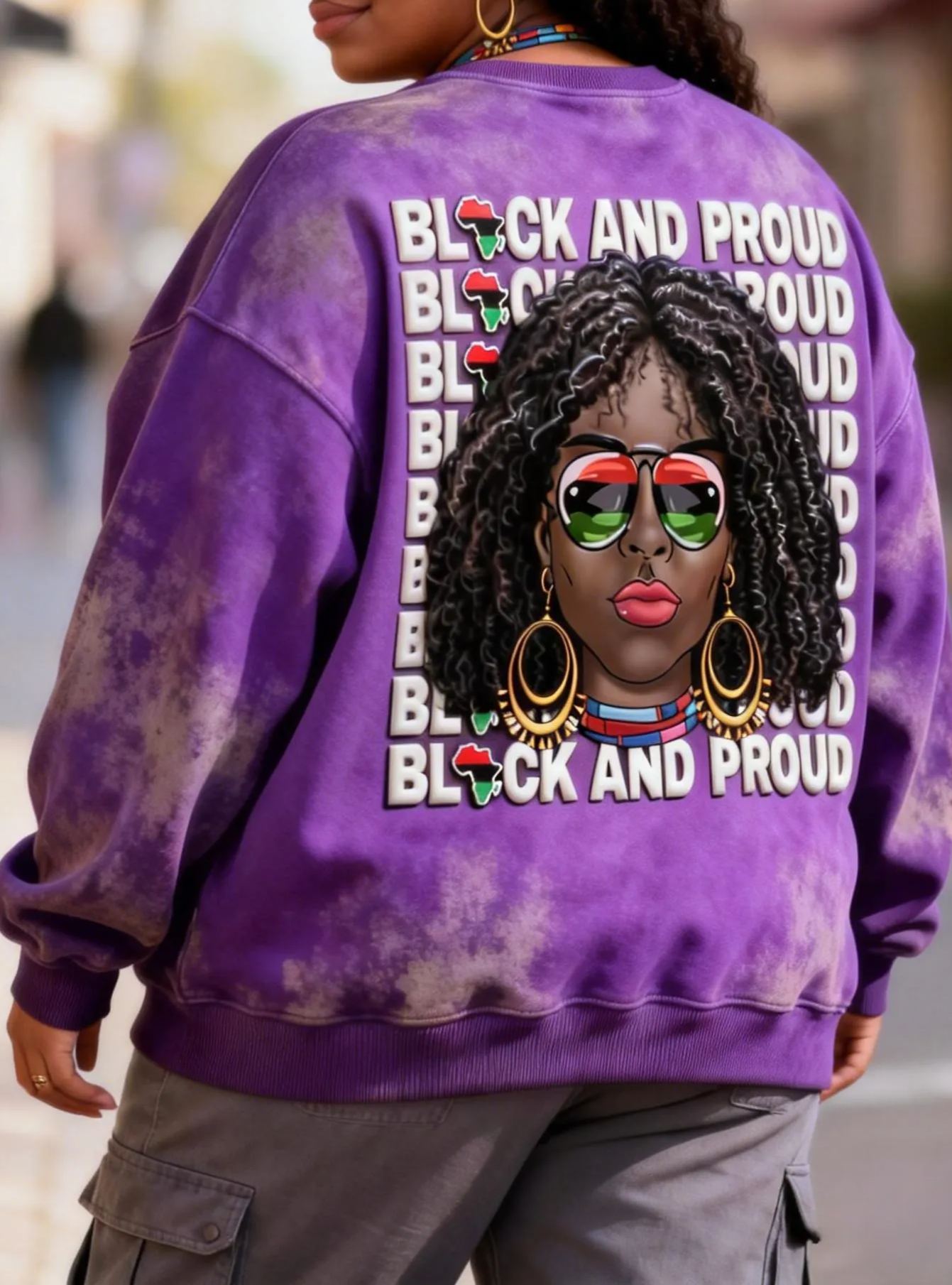 Black & Proud Puff Print Tie-Dye Crewneck Oversized Sweatshirt 