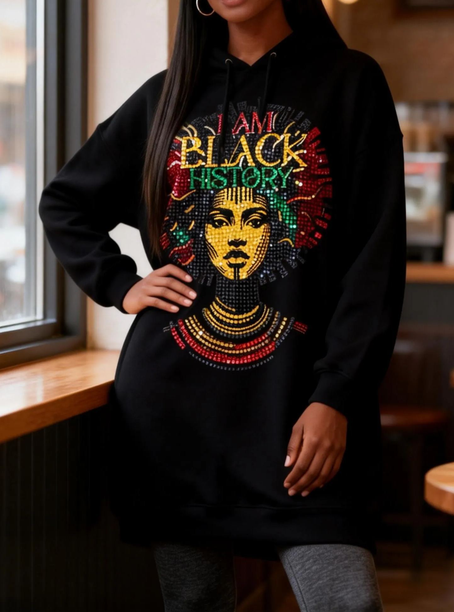 I Am Black History Rhinestone African Queen Hoodie Dress 