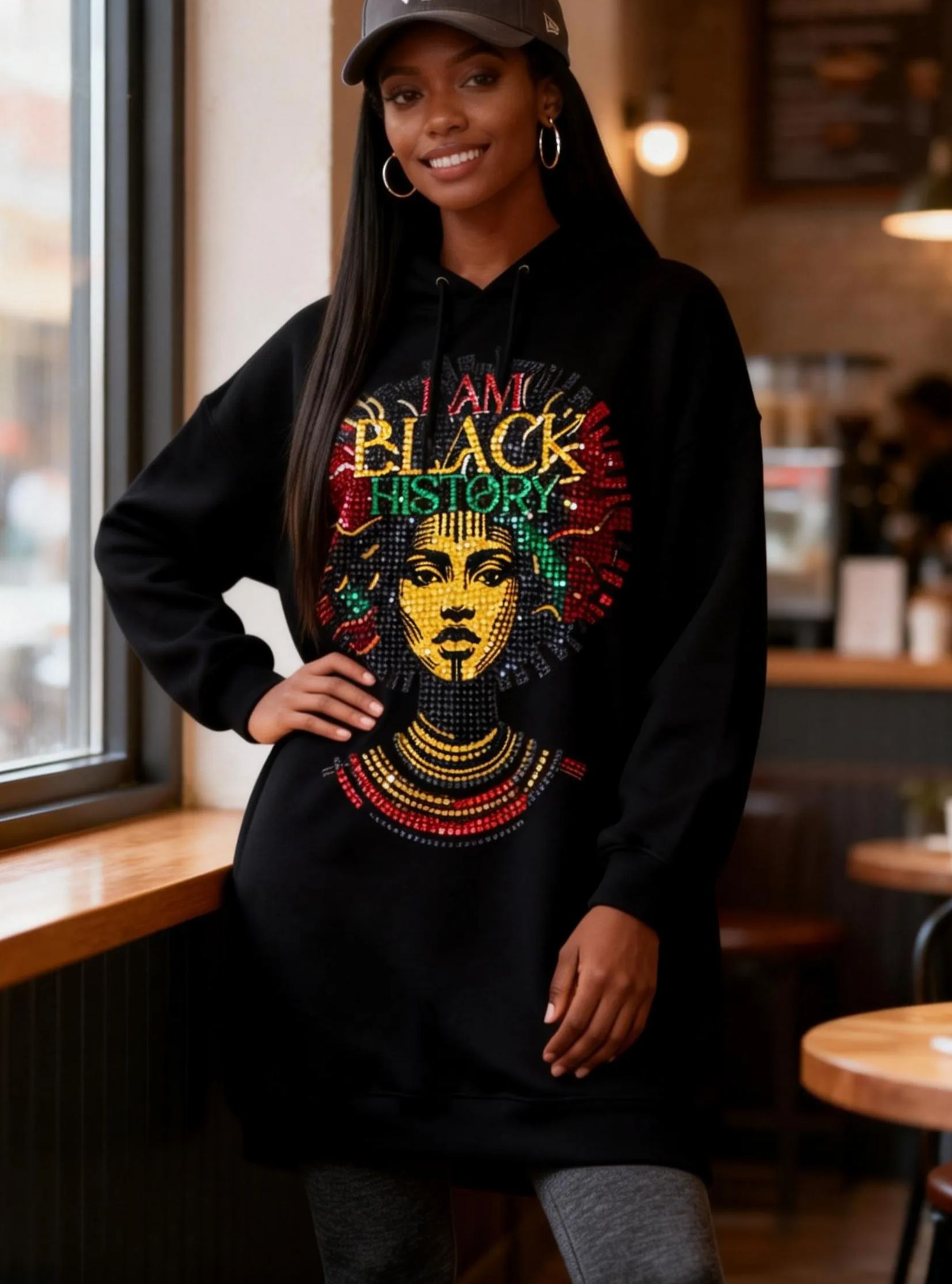 I Am Black History Rhinestone African Queen Hoodie Dress 