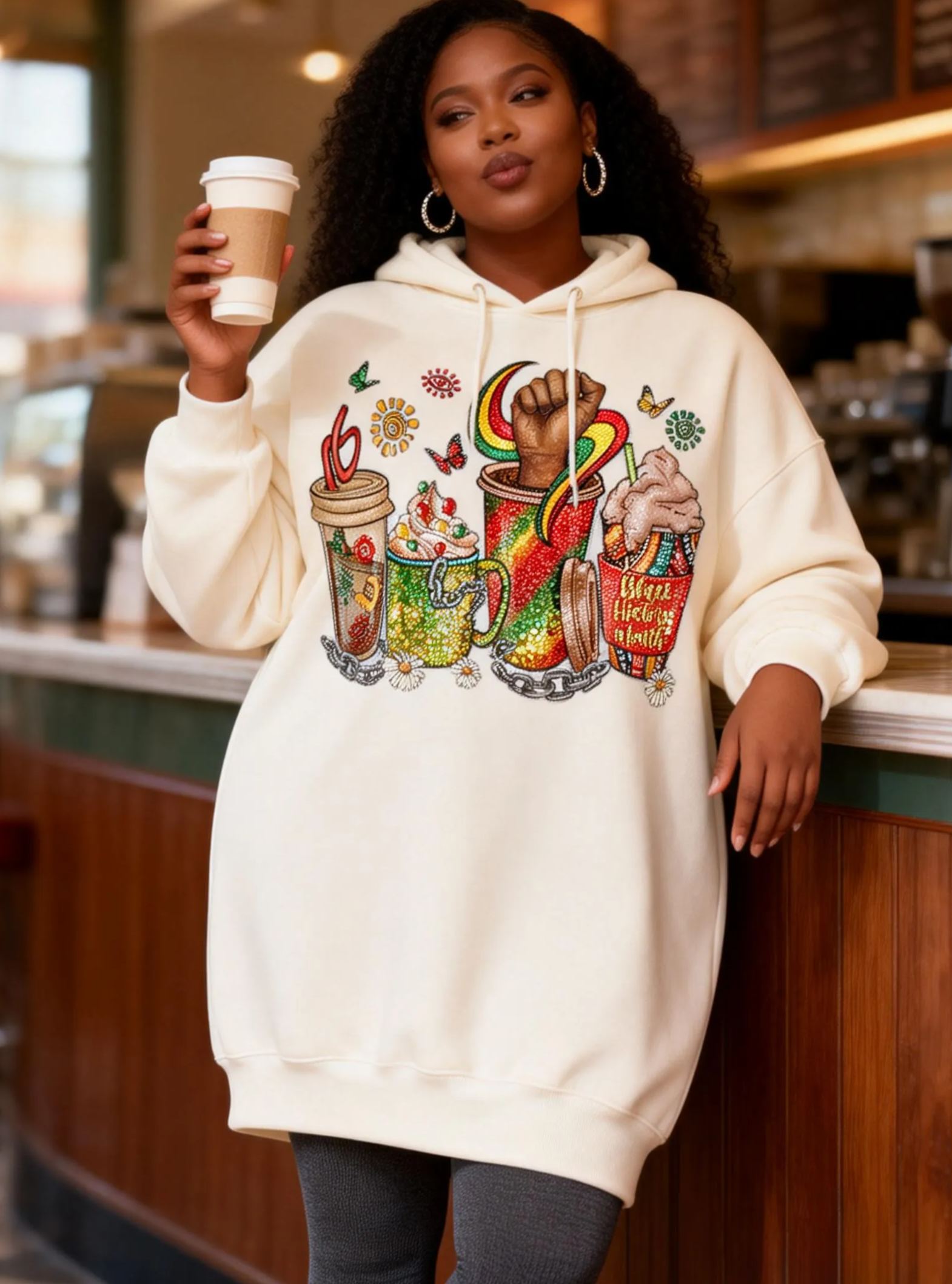 Rhinestone Black History Month Coffee Cup Hoodie Dress 