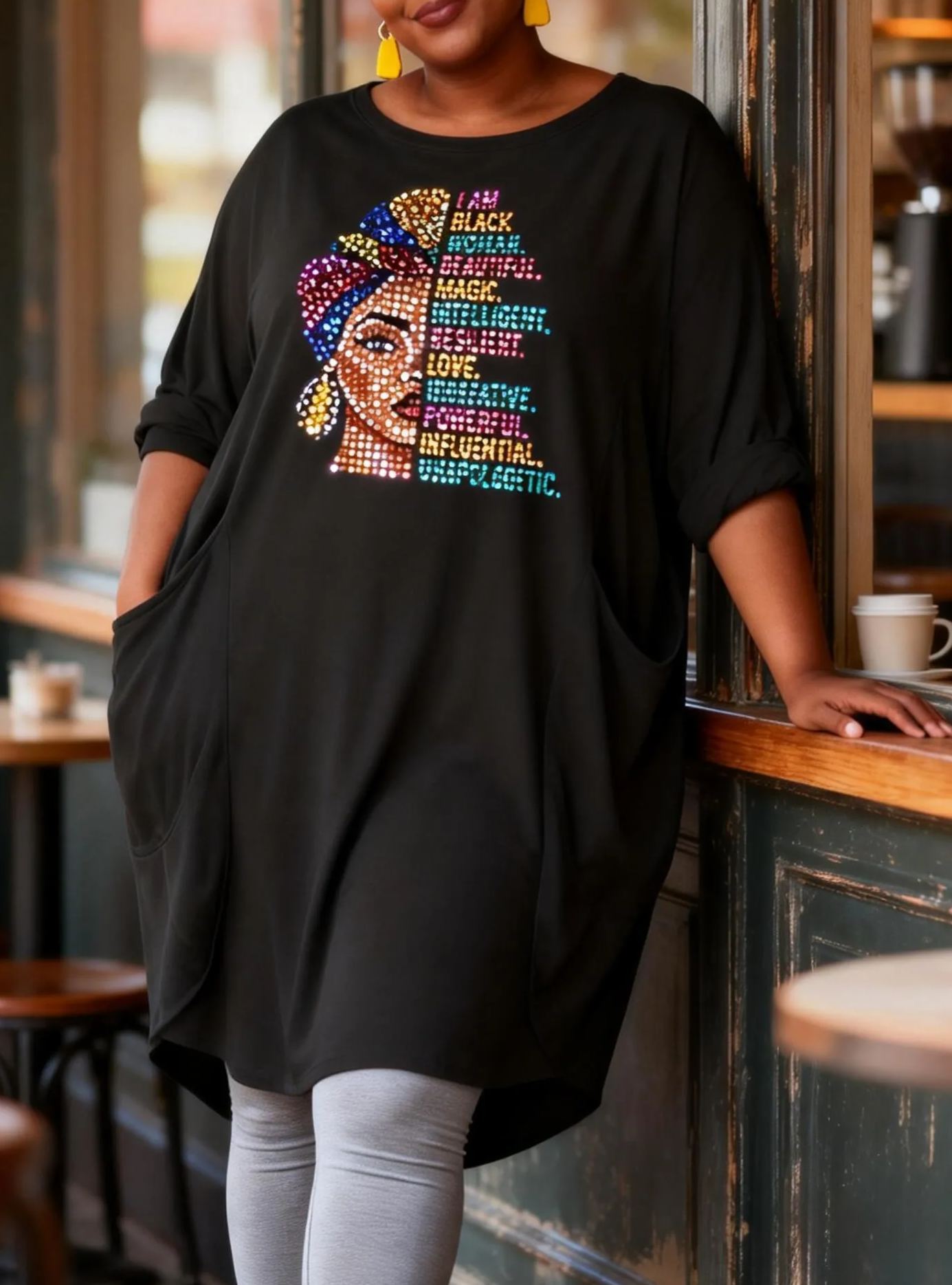 I Am Black Woman Beautiful Magic Rhinestone Loose Pocket Oversize Tunic T-Shirt Dress