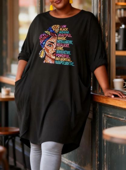 I Am Black Woman Beautiful Magic Rhinestone Loose Pocket Oversize Tunic T-Shirt Dress