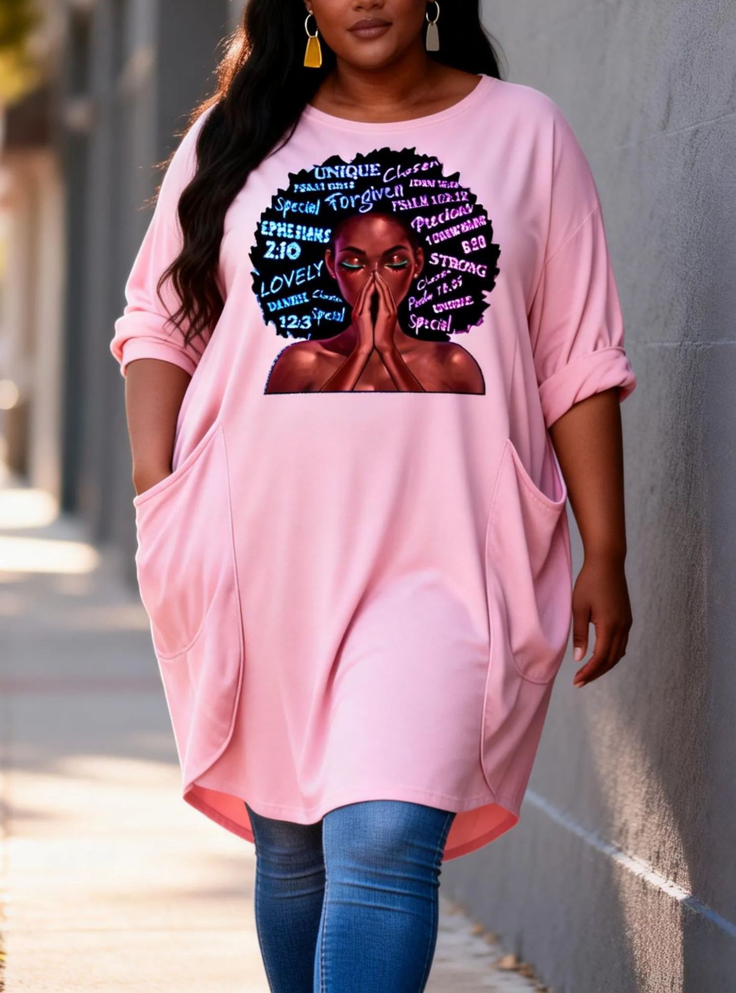 Unique Chosen Bible Verse Black Woman Rhinestone Loose Pocket Oversize Tunic T-Shirt Dress
