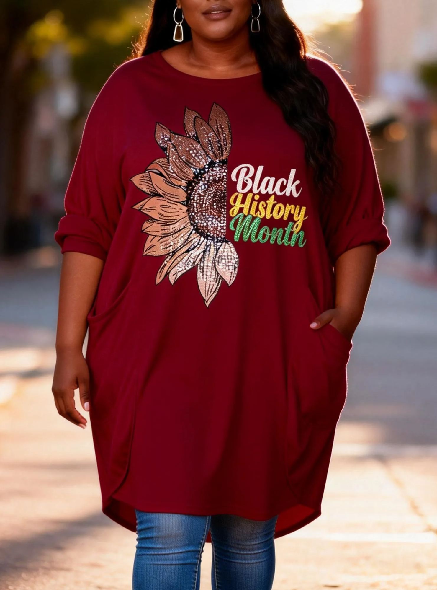 Black History Month Sunflower Loose Pocket Oversize Tunic T-Shirt Dress