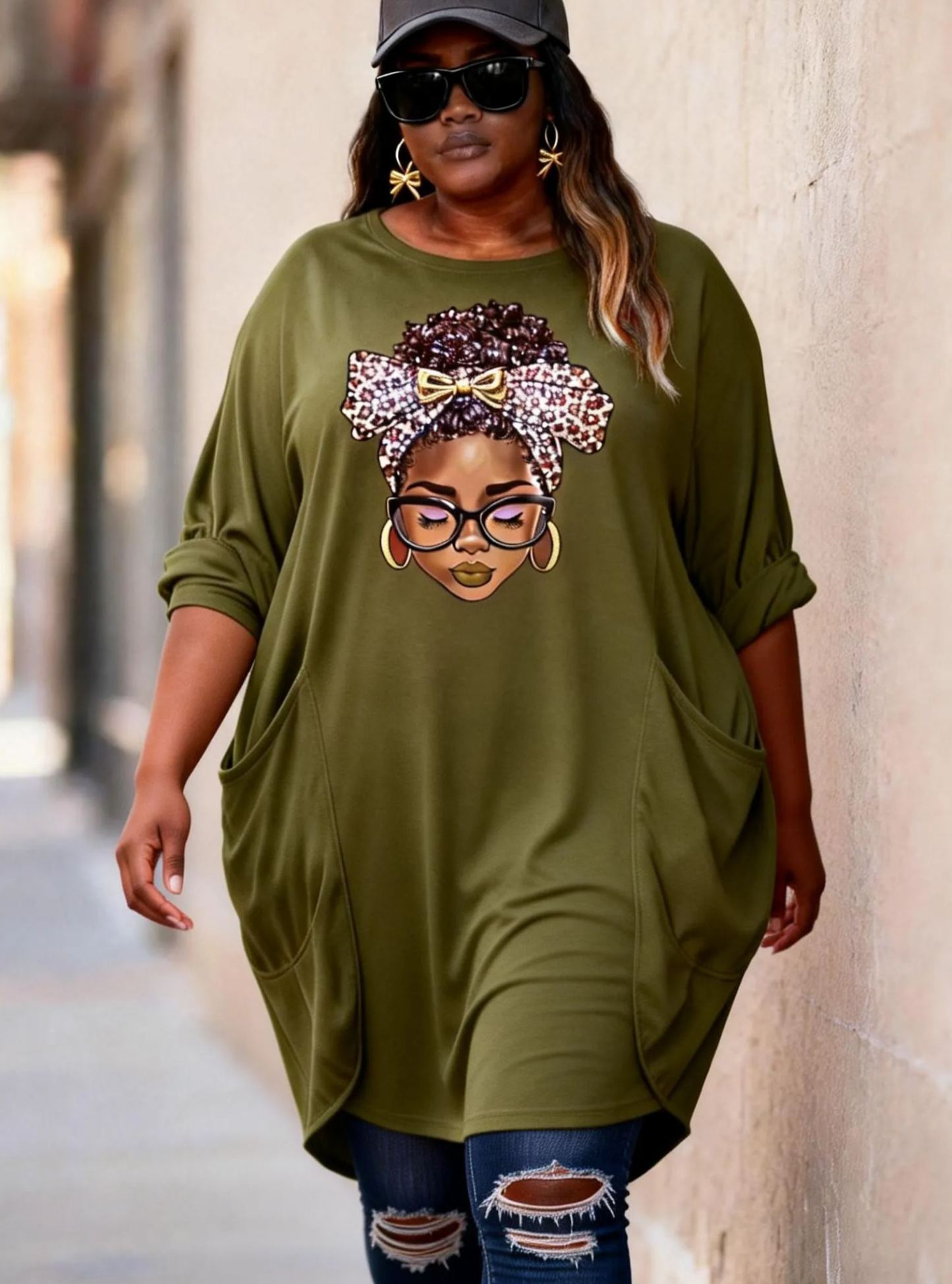 Leopard Bow African Queen Rhinestone Loose Pocket Oversize Tunic T-Shirt Dress