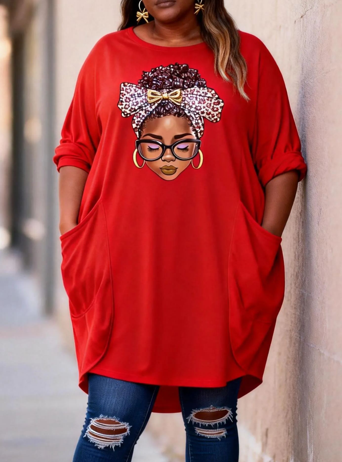 Leopard Bow African Queen Rhinestone Loose Pocket Oversize Tunic T-Shirt Dress