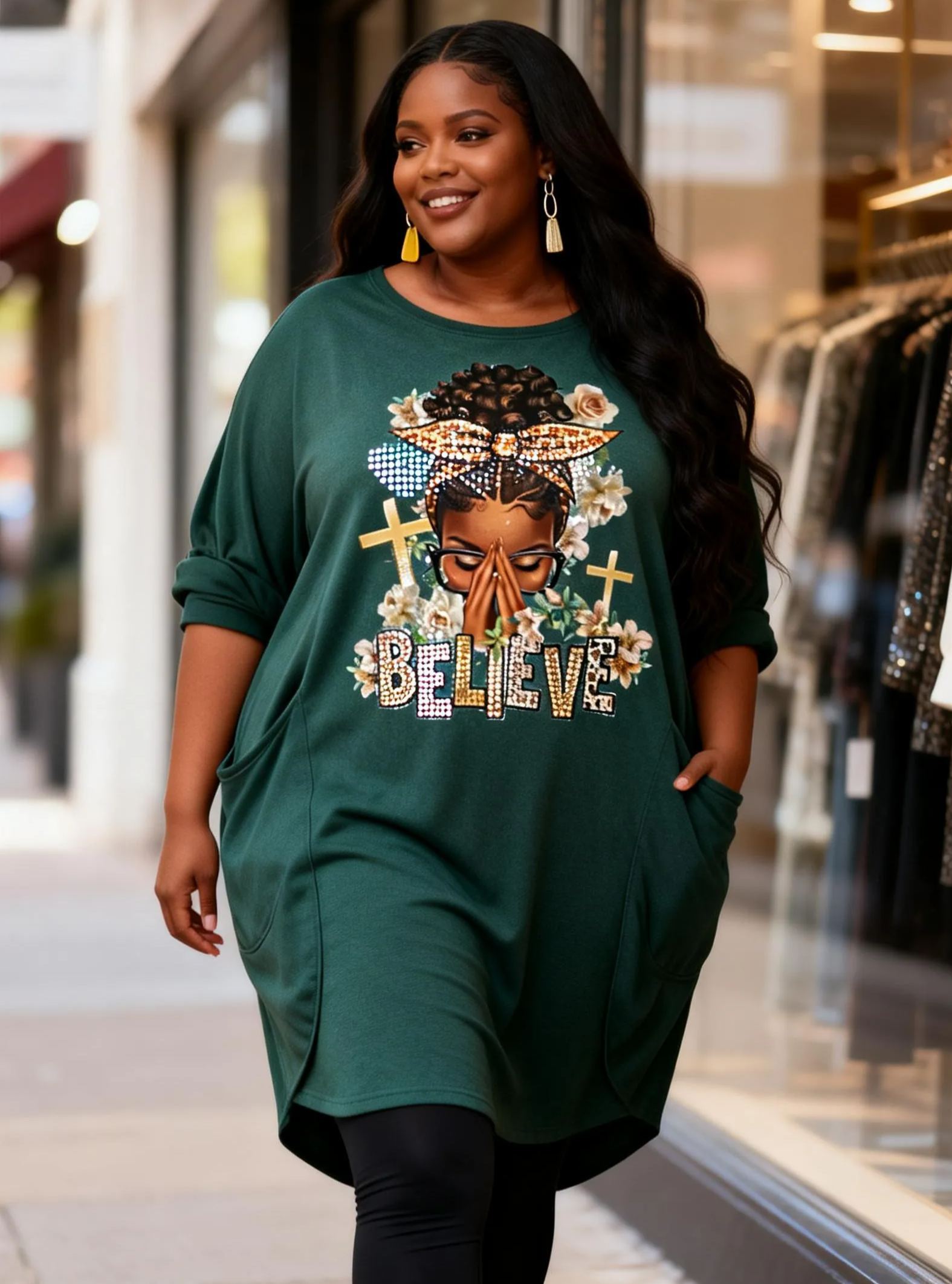 BELIEVE Christianross & Woman Rhinestone Loose Pocket Oversize Tunic T-Shirt Dress