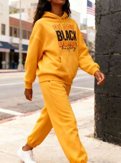 BLACK Graphic Embroidered Black History Month Oversized Tracksuit Hoodie & Jogger Cozy Matching Sweatsuit Set