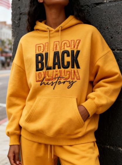 BLACK Graphic Embroidered Black History Month Oversized Tracksuit Hoodie & Jogger Cozy Matching Sweatsuit Set