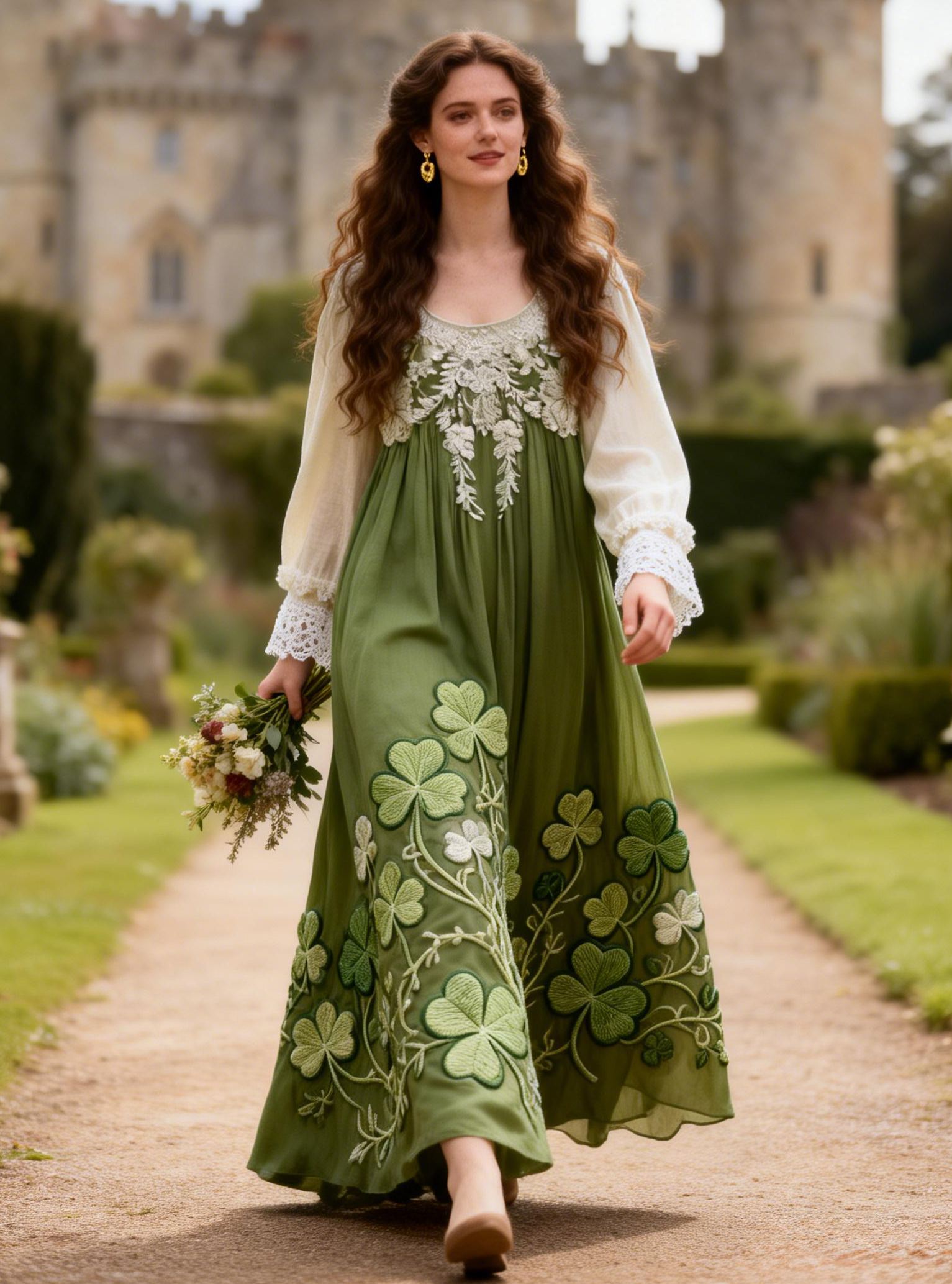 Clover Embroidered Long Sleeve Lace Maxi Dress 