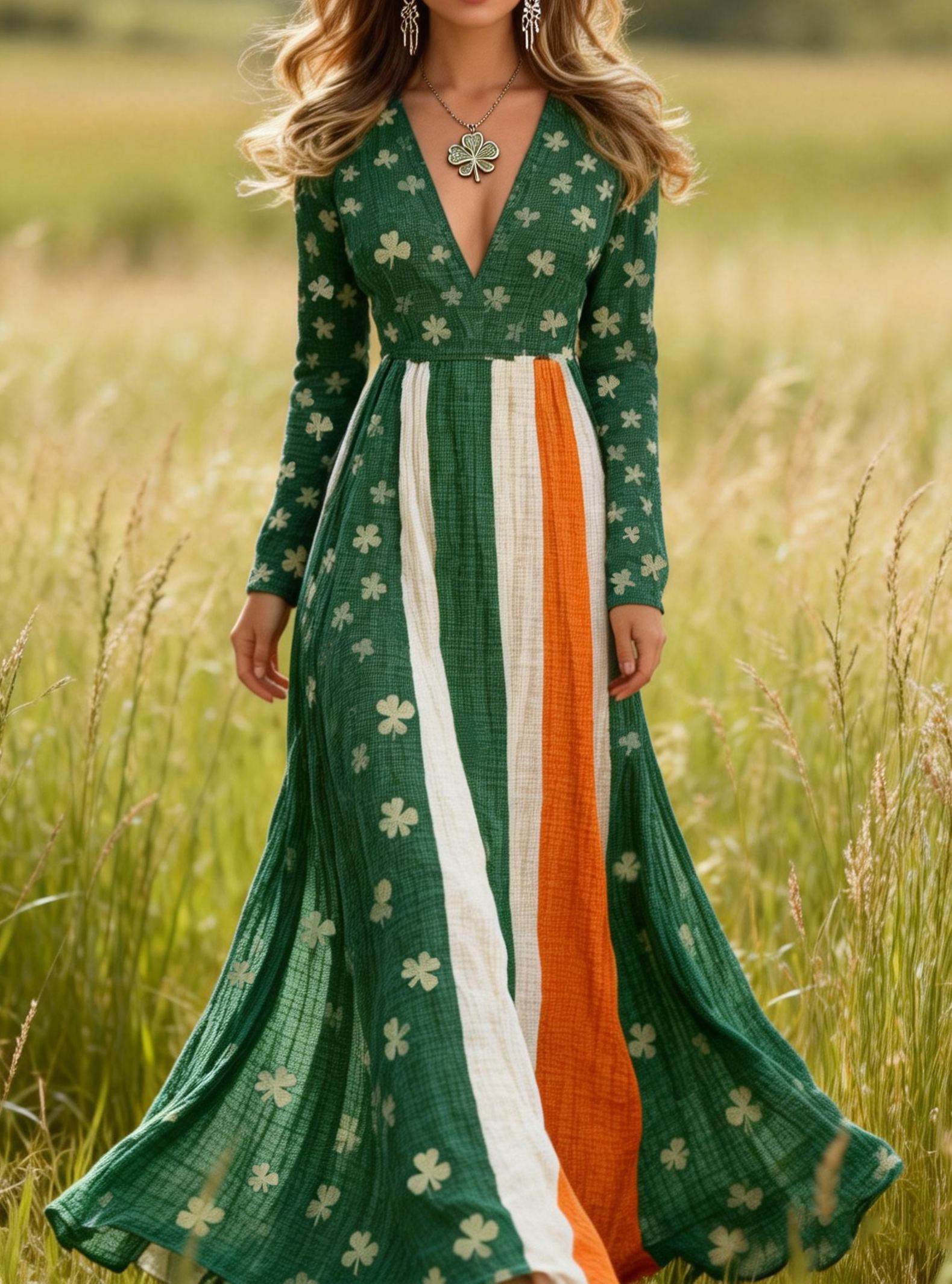 Stripe Clover Print V-neck Long Sleeve Linen Maxi Dress