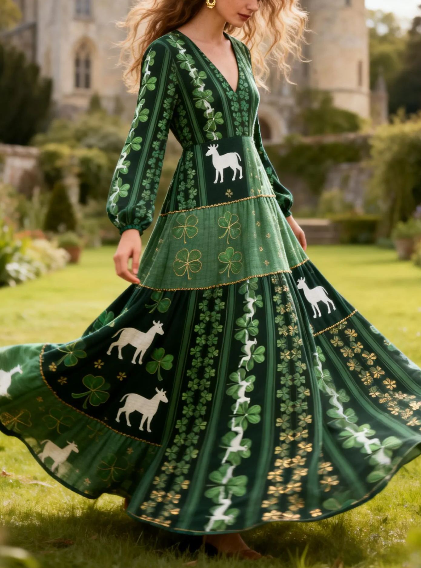 Clover & Unicorn Print V-neck Long Sleeve Linen Maxi Dress