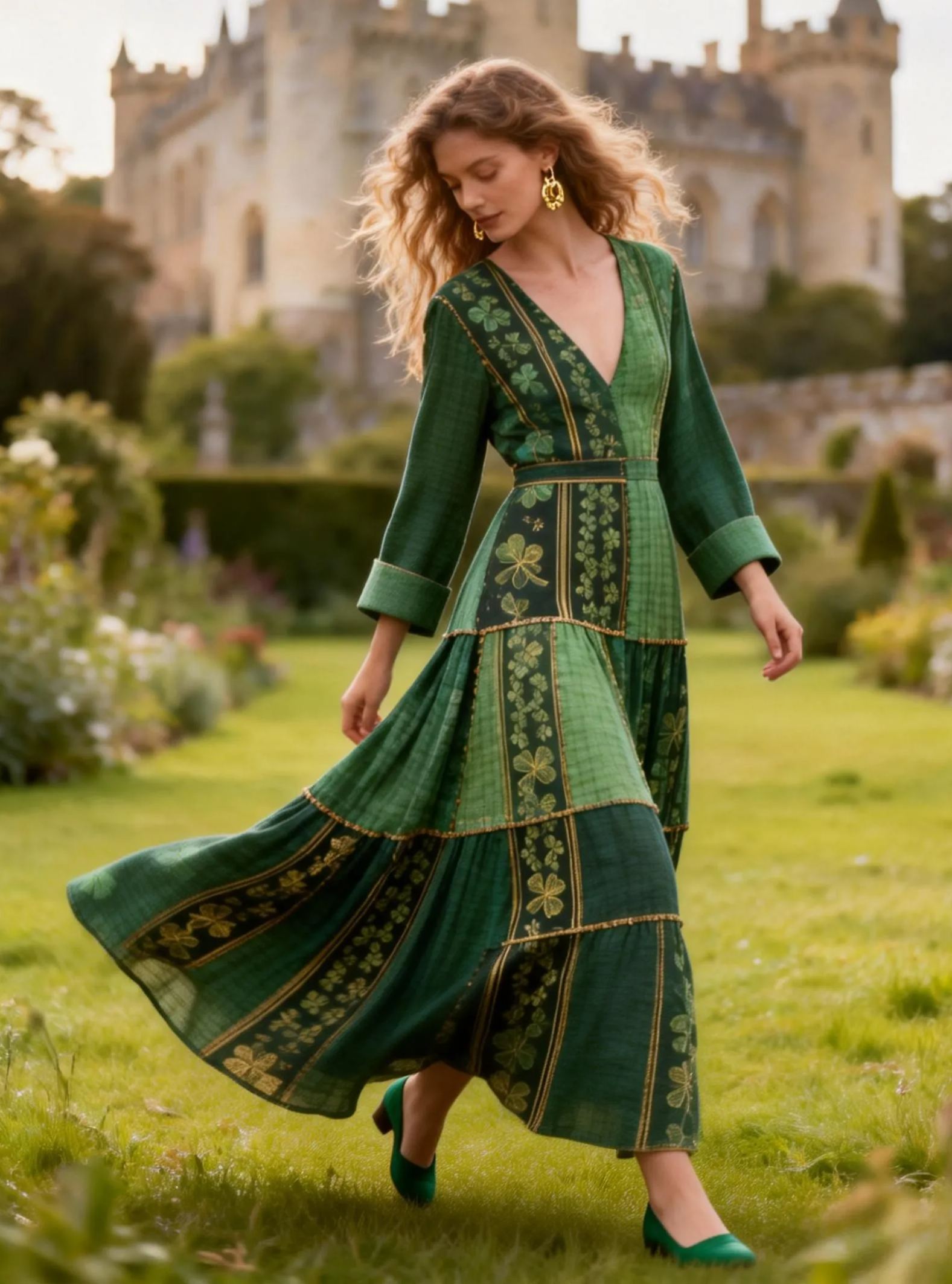 Clover Plaid Panel Print V-neck Long Sleeve Linen Maxi Dress