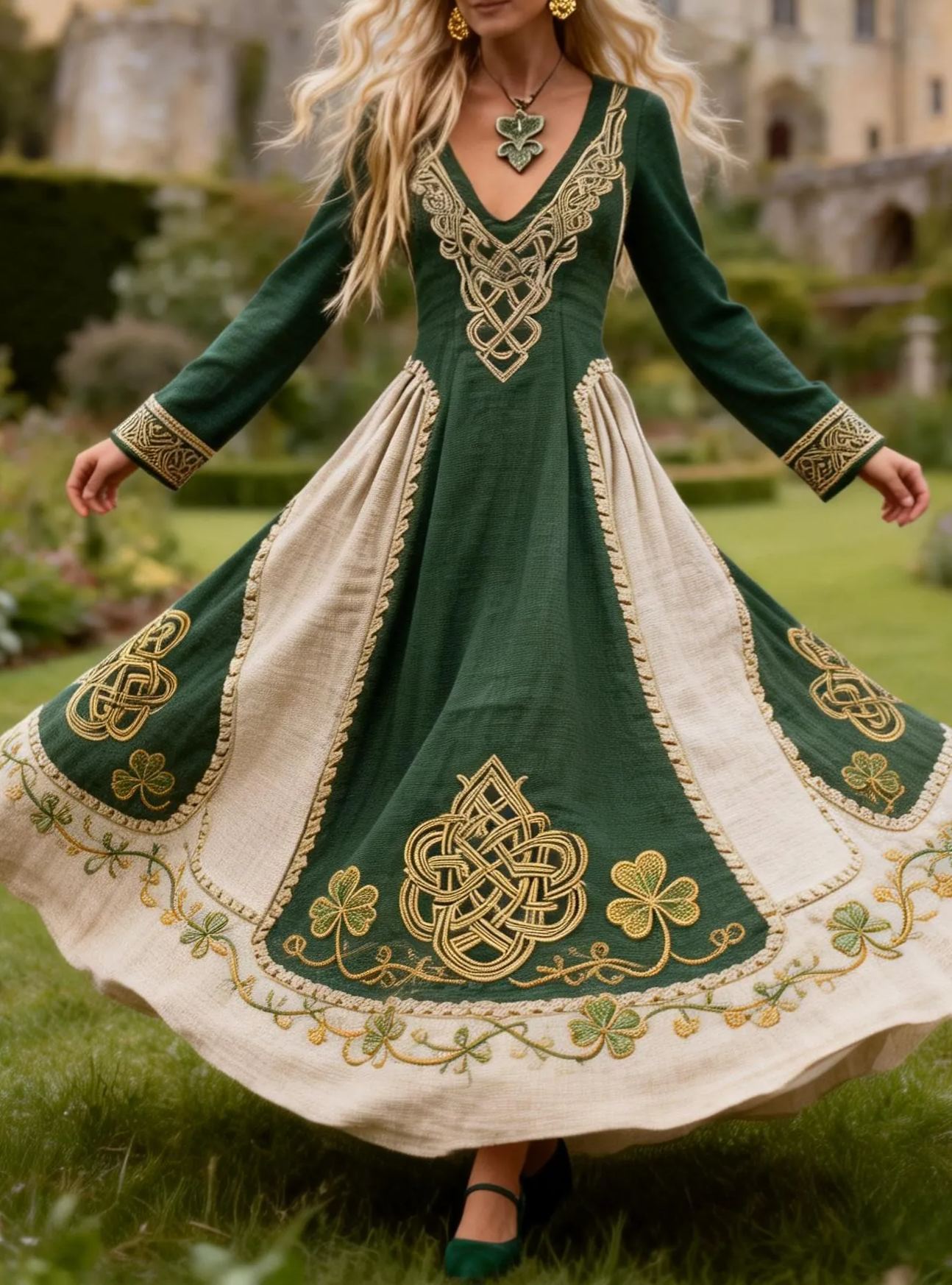 Celtic Knot and Clover Embroidered Long Sleeve Maxi Dress