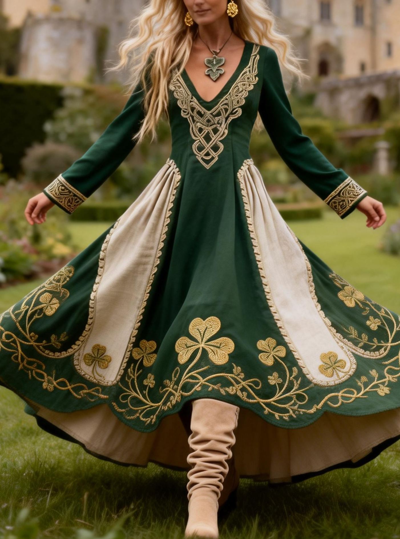 Celtic Knot Clover Embroidered V-Neck Long Sleeve Maxi Dress