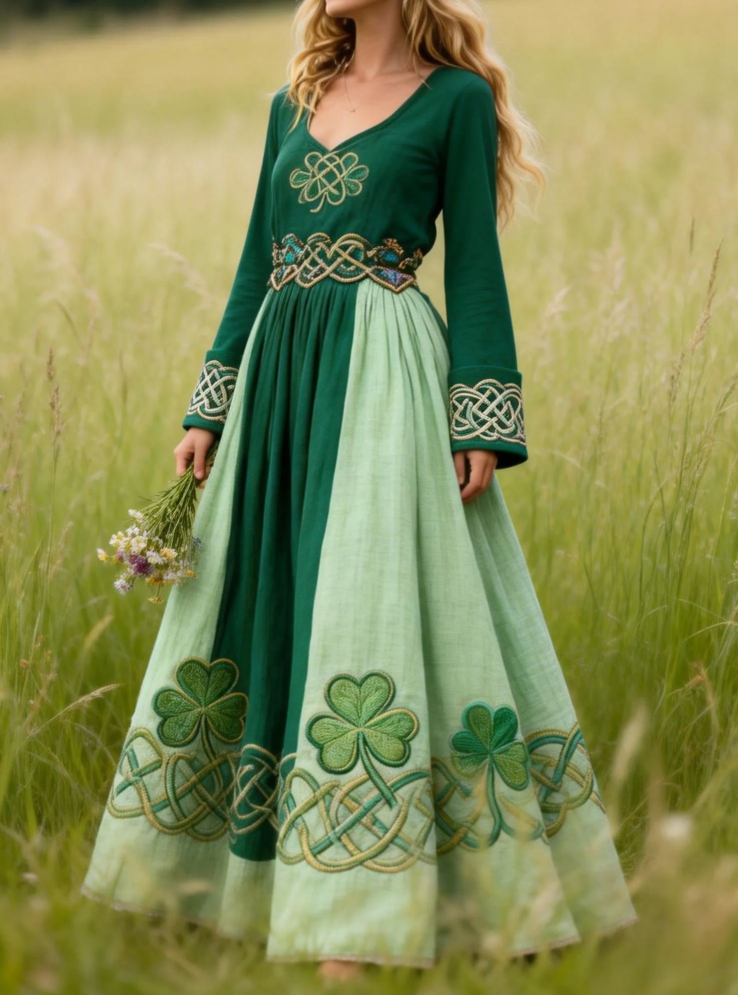 Vintage Celtic Knot Clover Embroidered Long Sleeve Linen Maxi Dress