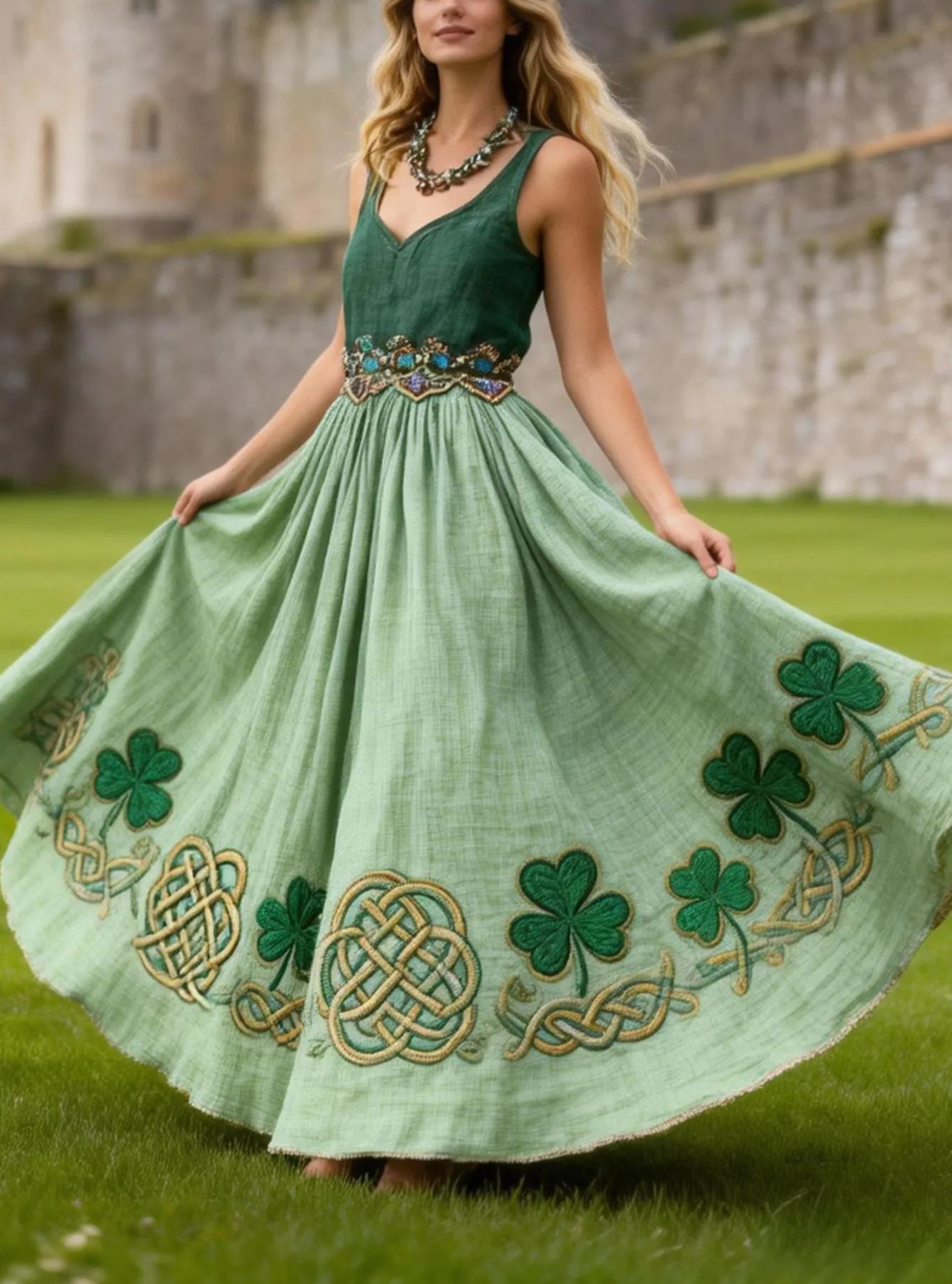 Vintage Celtic Knot Clover Embroidered Sleeveless Linen Maxi Dress