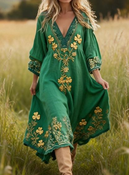 Vintage Gold Clover Embroidered Boho Linen Maxi Dress