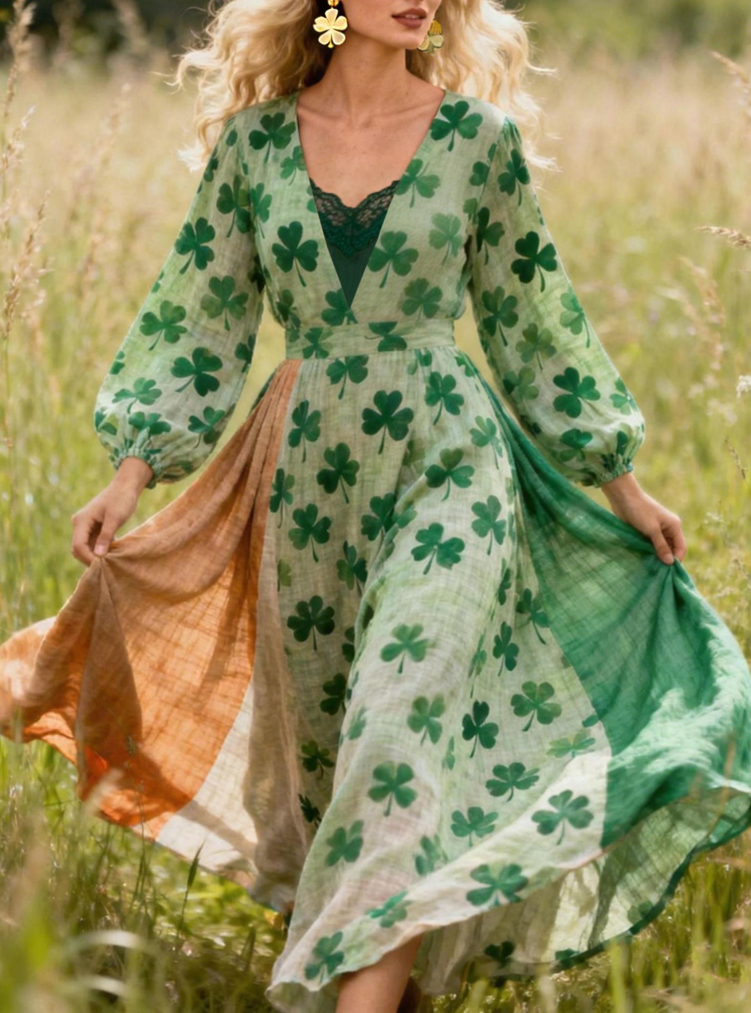 Clover Print Patchwork Lace Trim Linen Maxi Dress