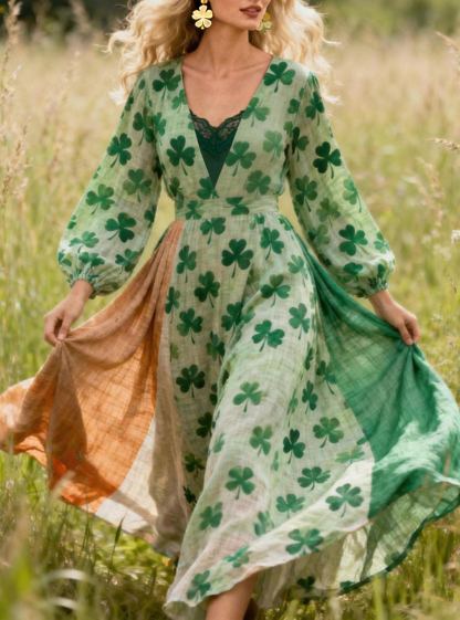 Clover Print Patchwork Lace Trim Linen Maxi Dress