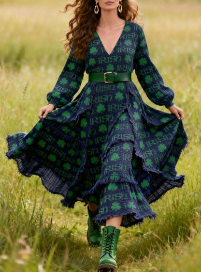 Irish Lover Clover Print Tiered Ruffled Hem Linen Maxi Dress With Leather Belt