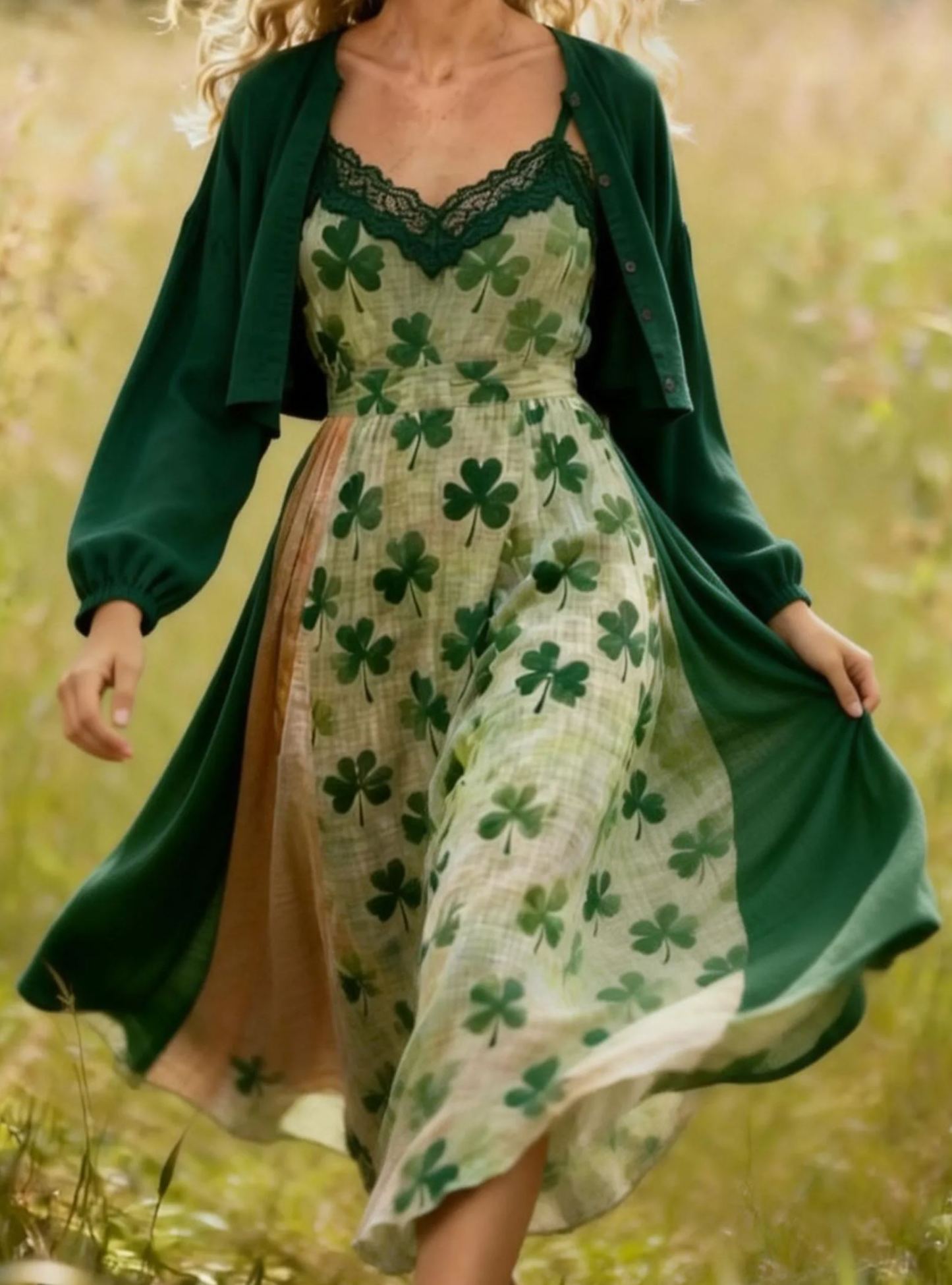 Clover Print Slip Lace Dress with Matching Cardigan Linen Maxi Dress Set 2 Pieces Set