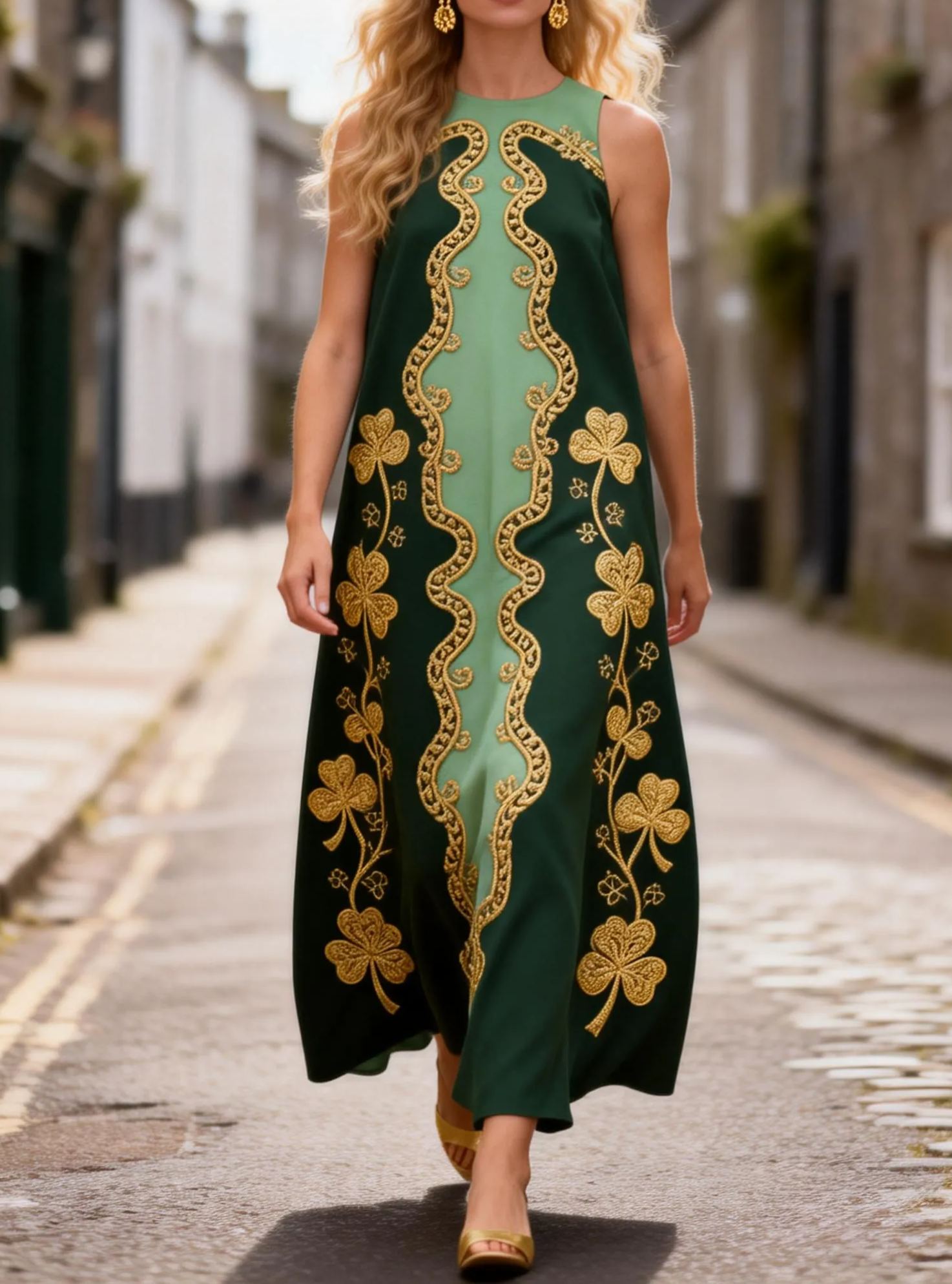Gold Celtic Knot Embroidered Maxi Dress 