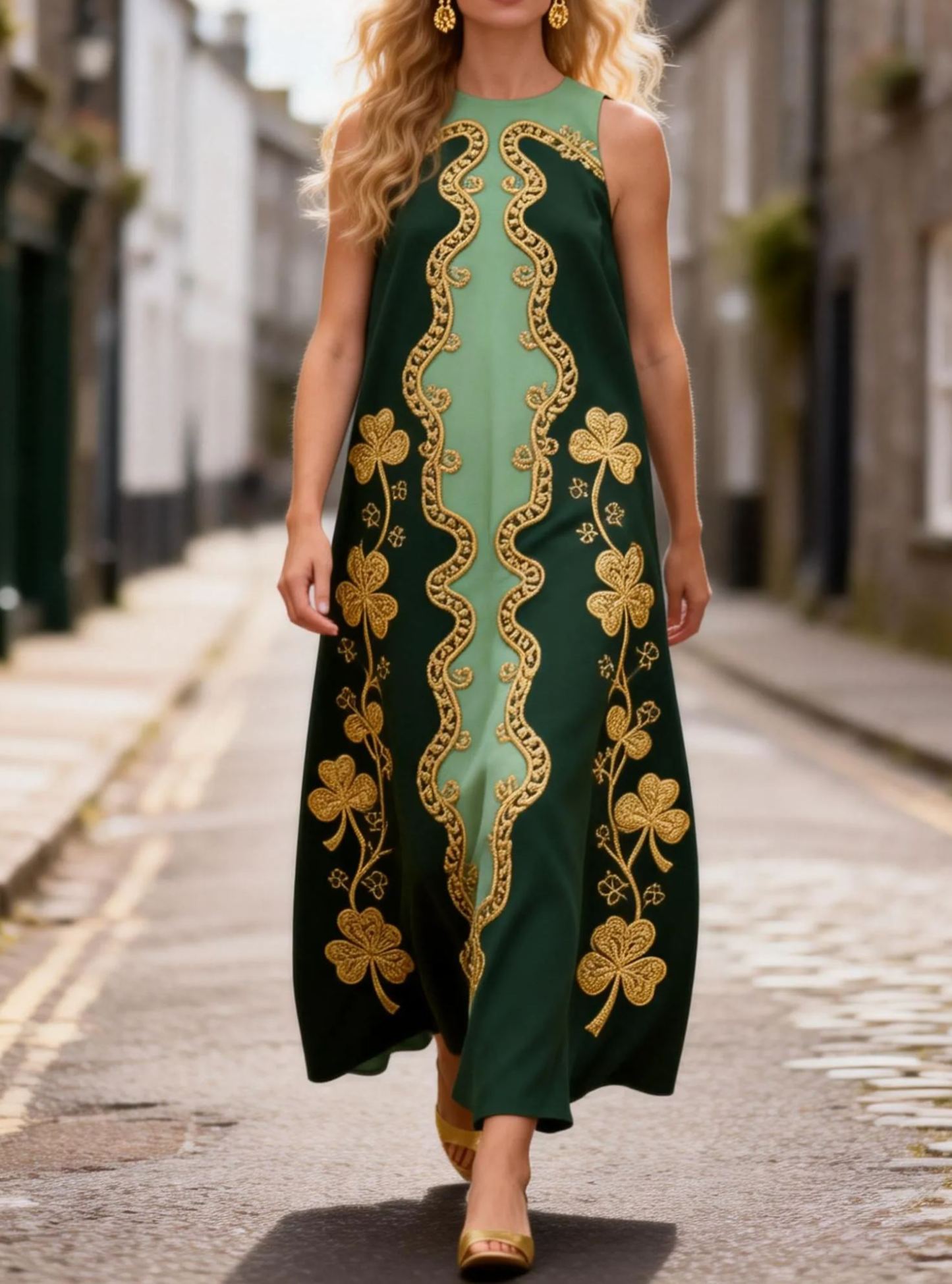 Gold Celtic Knot Embroidered Maxi Dress 