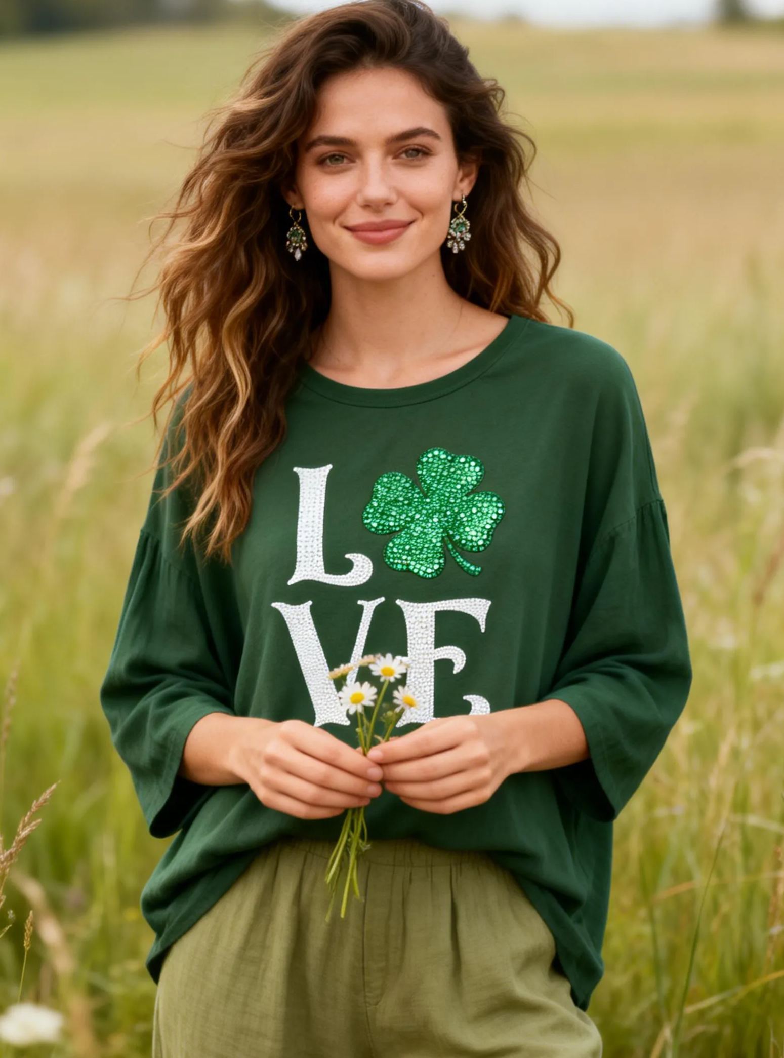 Sequin Shamrock LOVE Graphic Top St. Patrick's Day Long Sleeve T-shirt