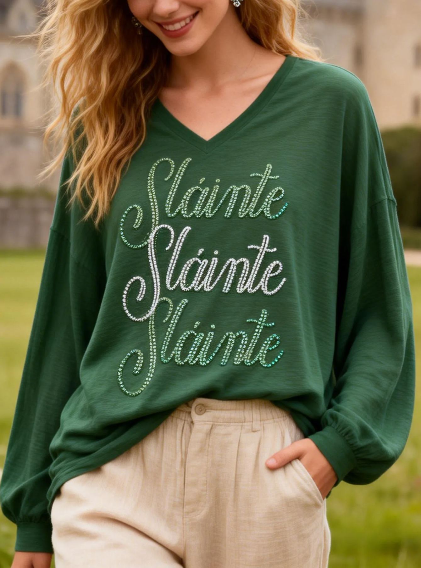  "Sláinte" Sequin V-Neck Top St. Patrick's Day Long Sleeve T-shirt