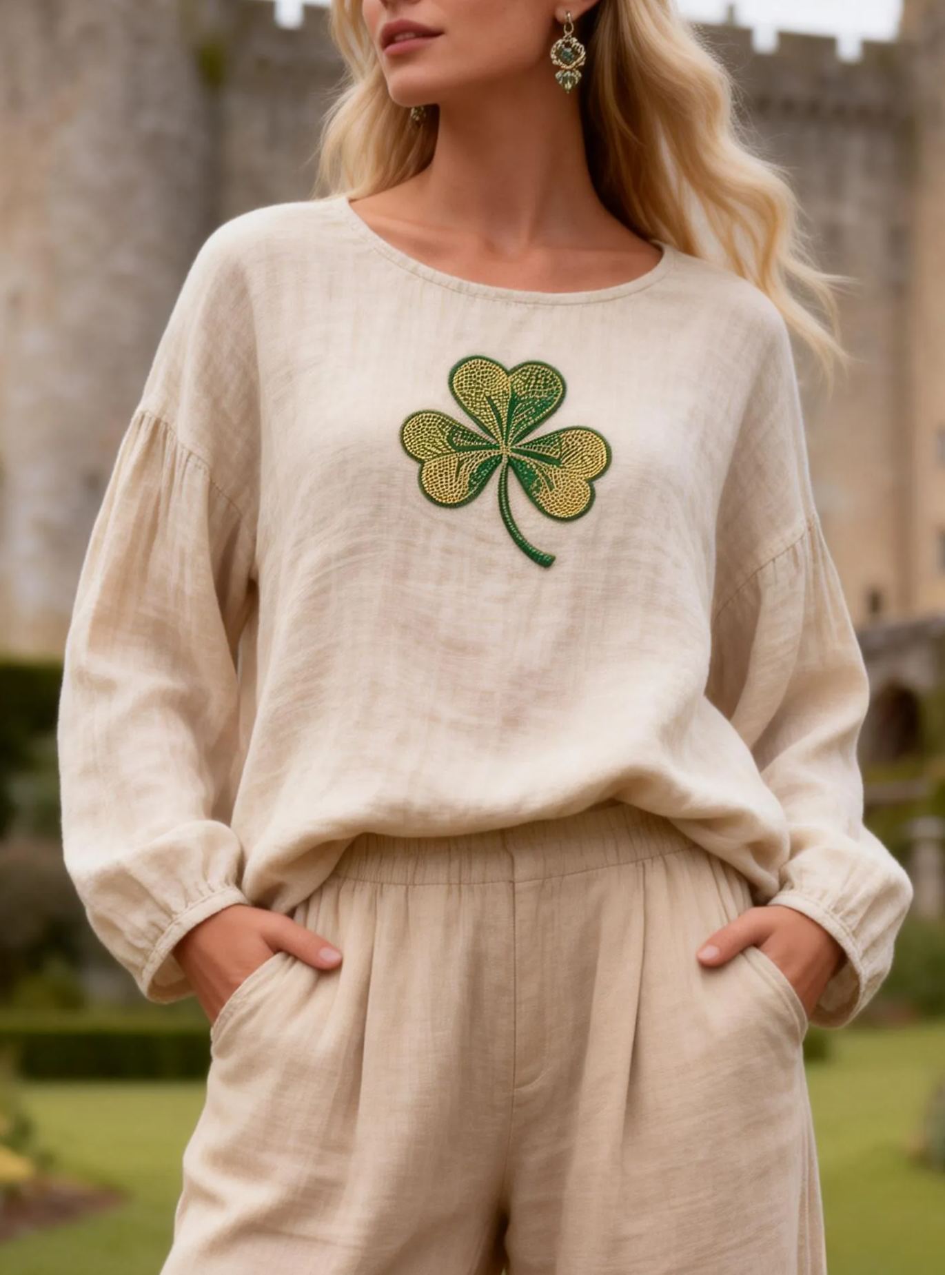 Shamrock Embroidered Linen-Blend Top St. Patrick's Day Long Sleeve T-shirt