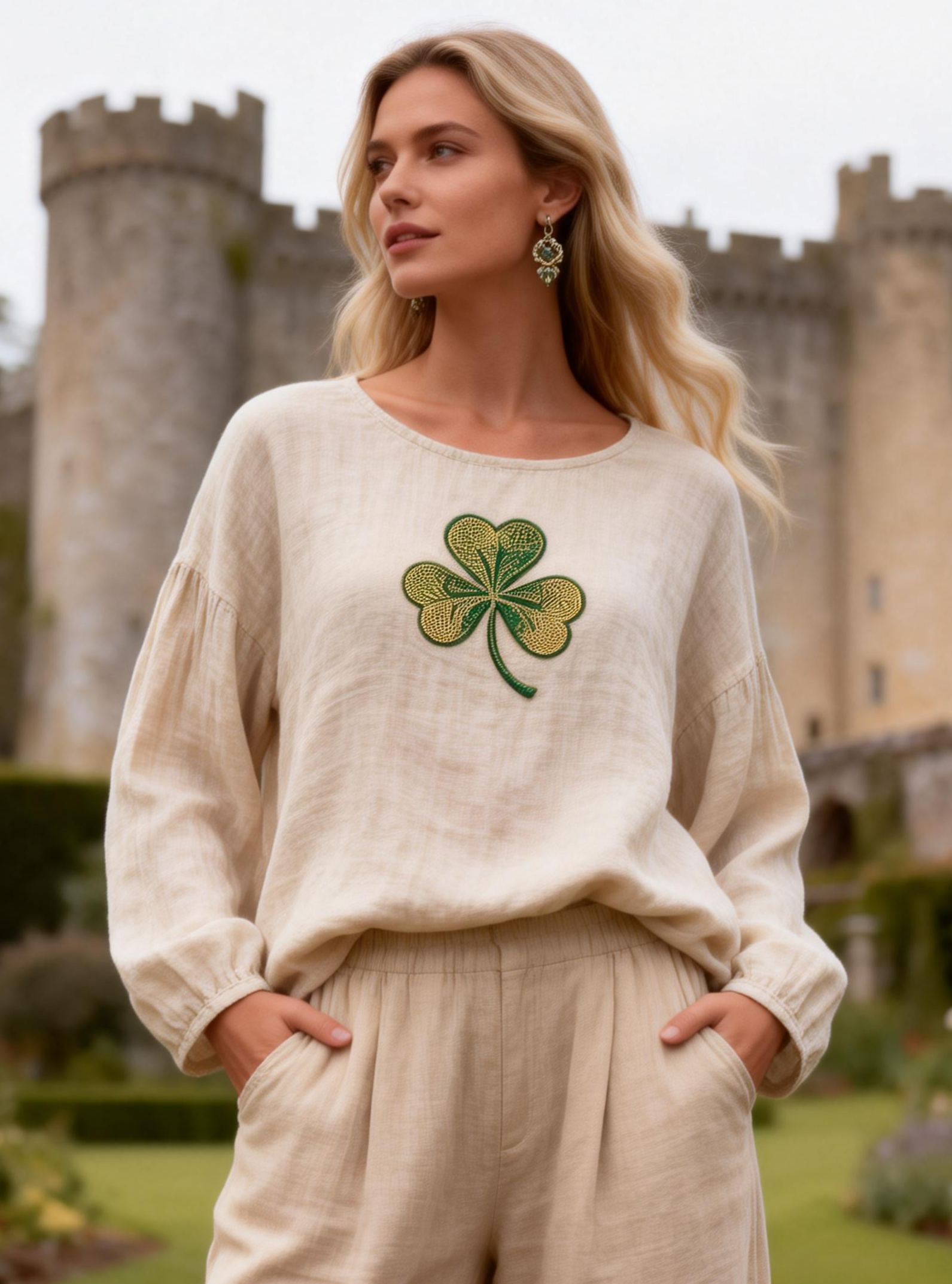 Shamrock Embroidered Linen-Blend Top St. Patrick's Day Long Sleeve T-shirt