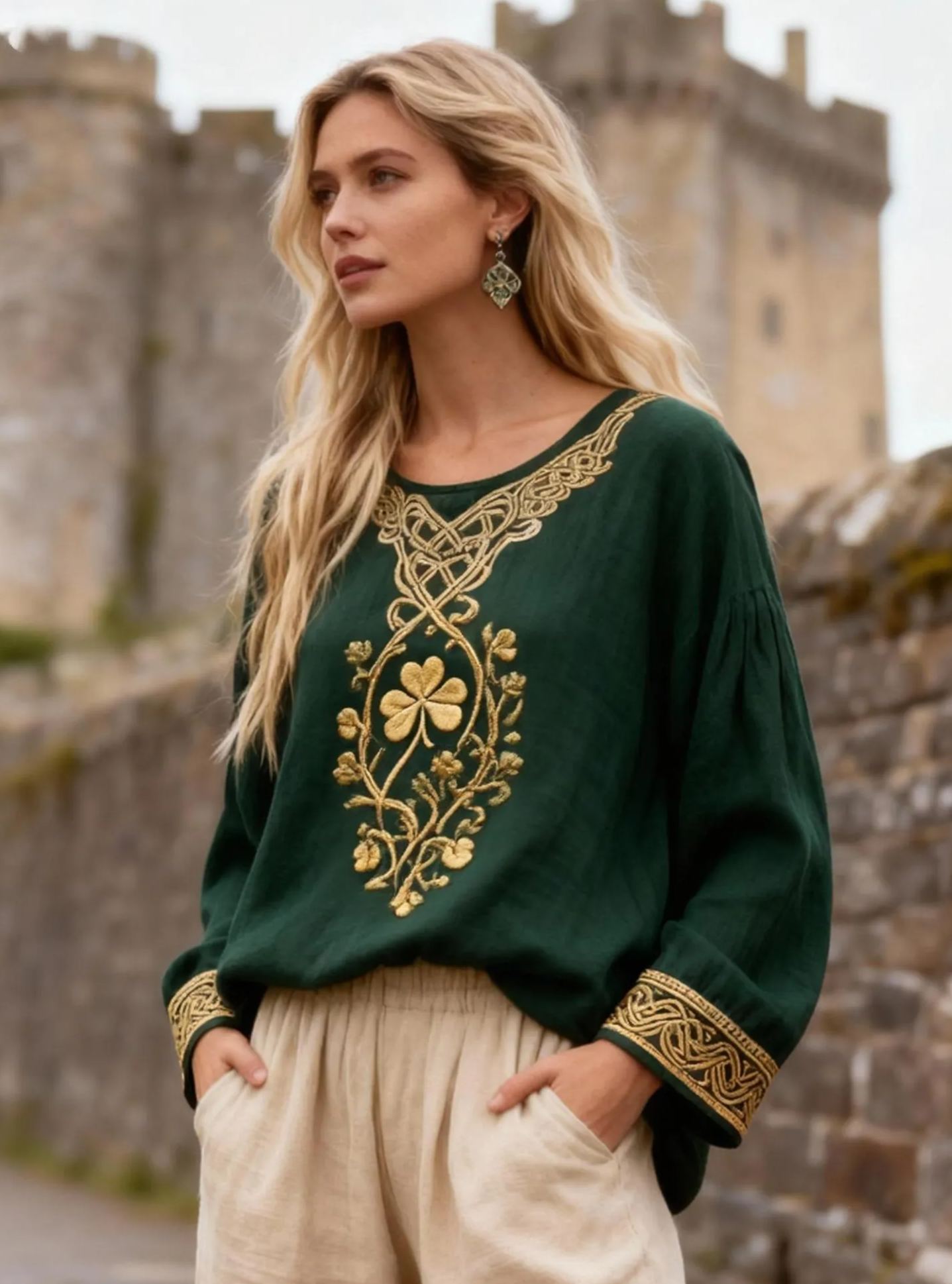 Vintage Celtic Knot Shamrock Embroidered Linen Blouse St. Patrick's Day Long Sleeve T-shirt