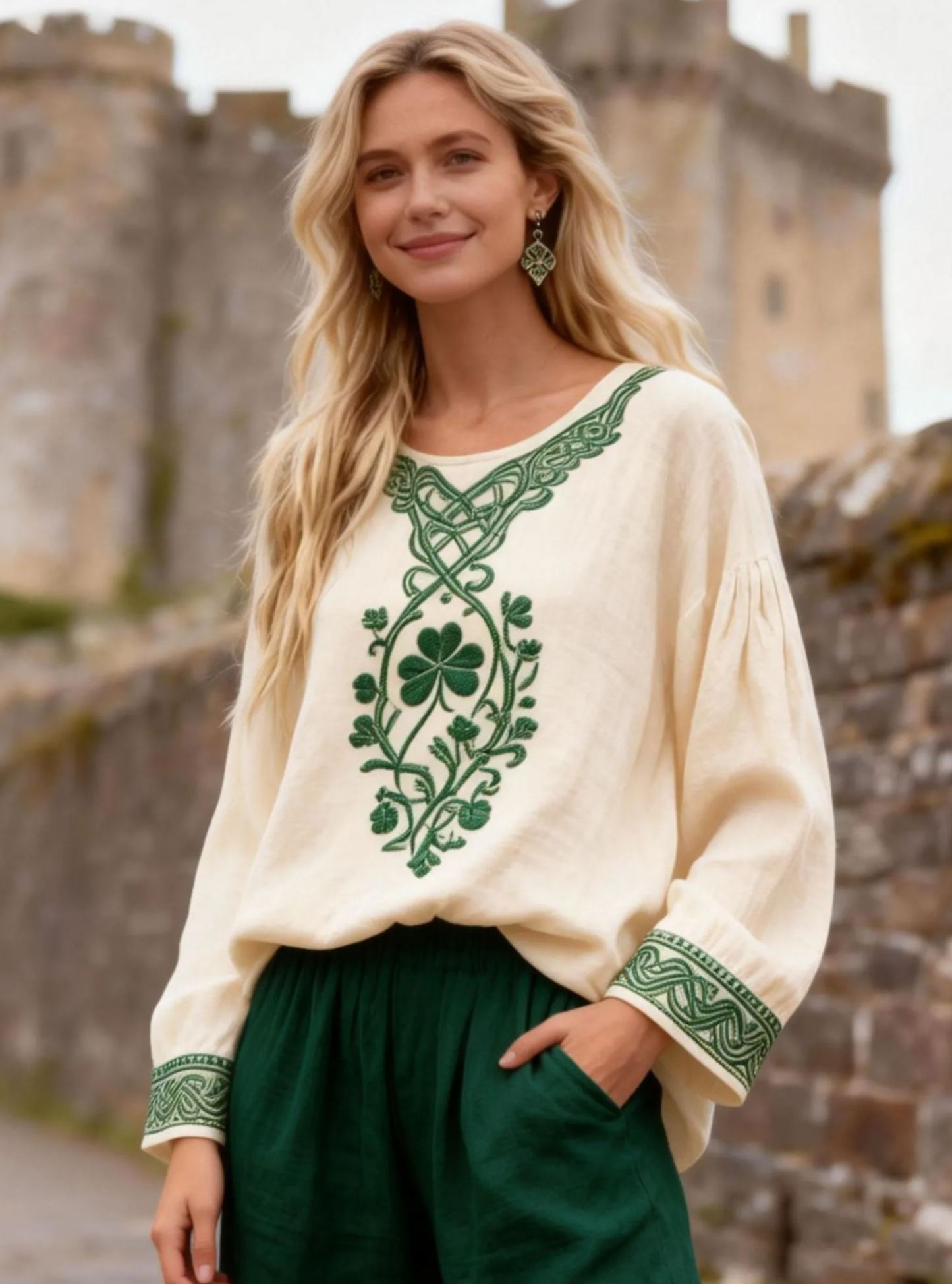 Vintage Celtic Knot Shamrock Embroidered Linen Blouse St. Patrick's Day Long Sleeve T-shirt
