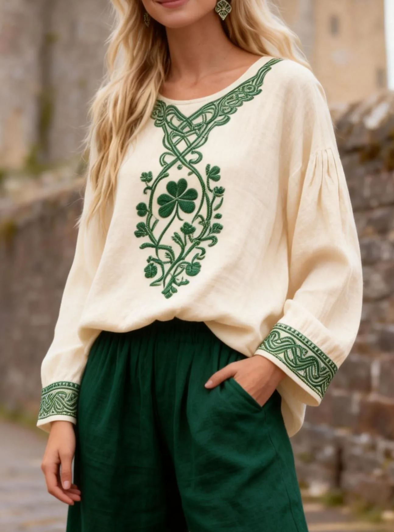 Vintage Celtic Knot Shamrock Embroidered Linen Blouse St. Patrick's Day Long Sleeve T-shirt