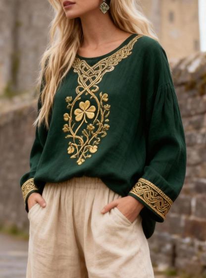 Vintage Celtic Knot Shamrock Embroidered Linen Blouse St. Patrick's Day Long Sleeve T-shirt