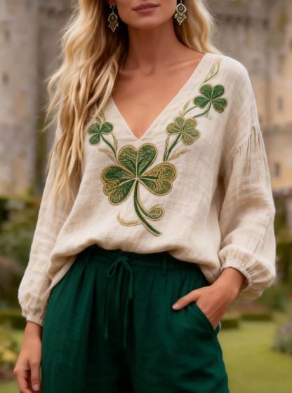 V-Neck Shamrock Embroidered Linen Blouse St. Patrick's Day Long Sleeve T-shirt