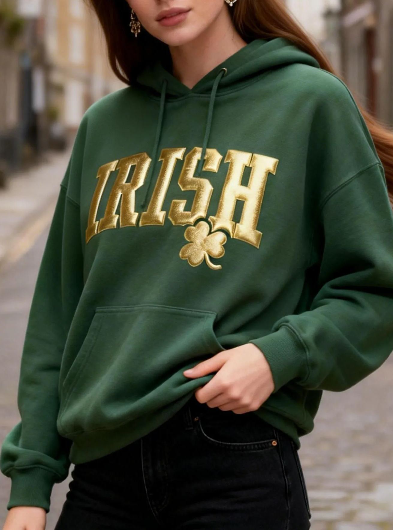 Oversized "IRISH" Gold Print St. Patrick's Day Shamrock Hoodie 