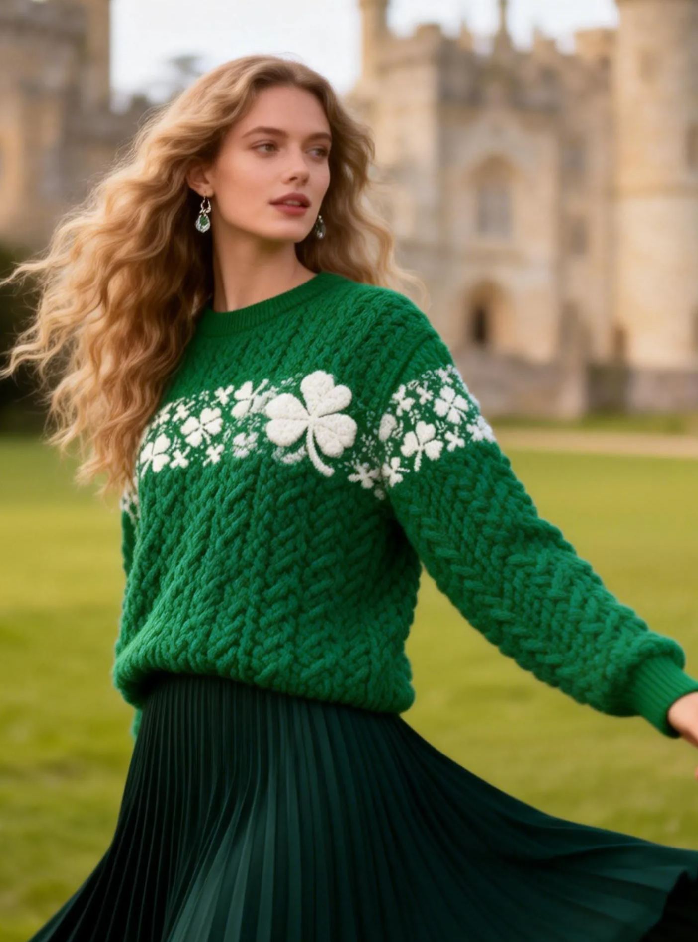 Chunky Knit Clover Motif Sweater St. Patrick's Day  Cable Knit Pullover 