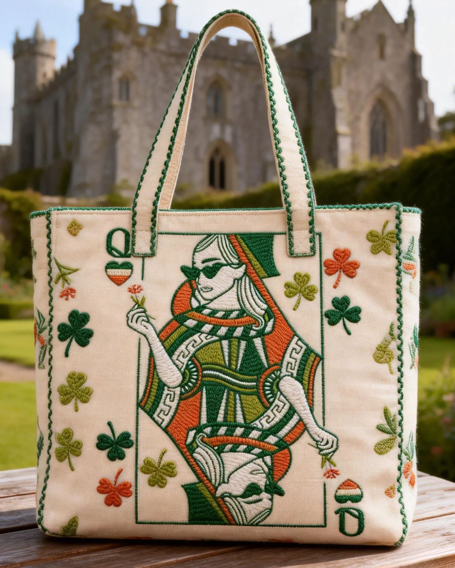 Retro Embroidered Queen of Hearts Tote Bag Irish Shamrock Canvas Handbag