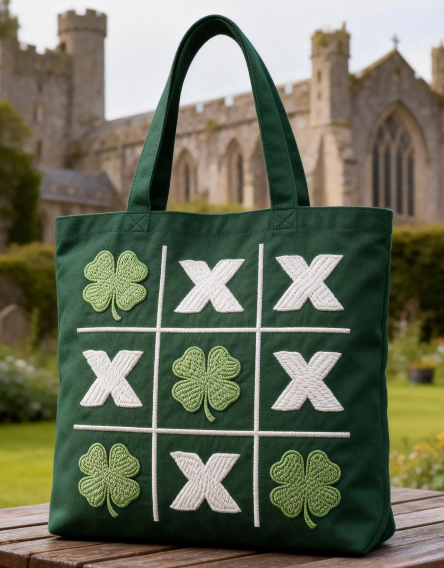 Shamrock Tic-Tac-Toe Embroidered Tote Bag St.Patrick Day Canvas Handbag