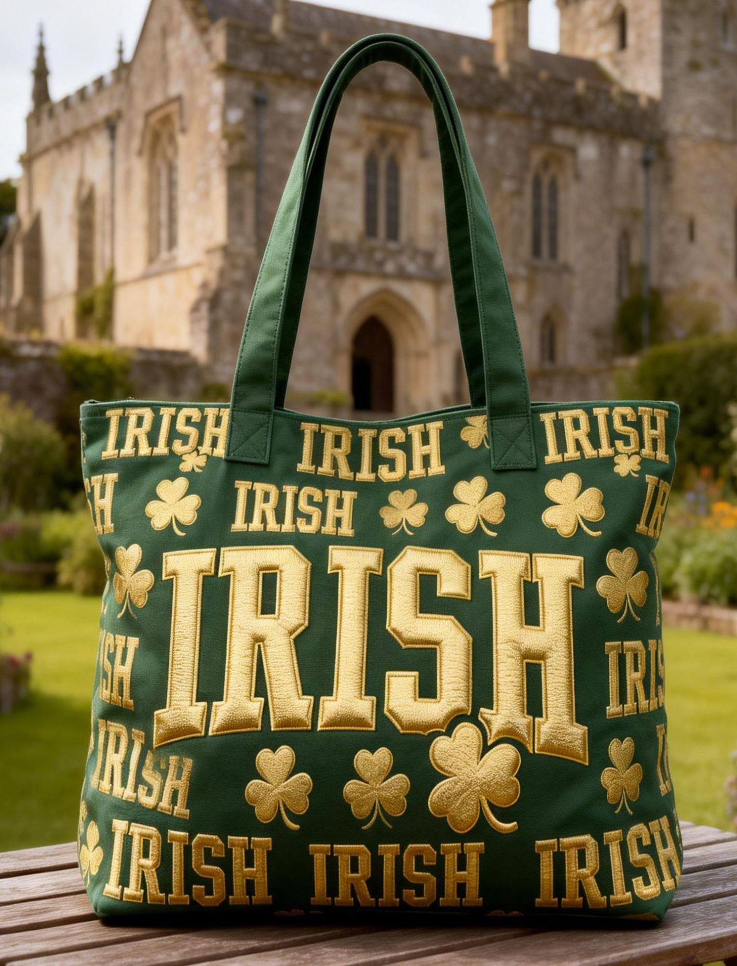Gold "IRISH" & Shamrock Embroidered Tote Bag St.Patrick Day Canvas Handbag