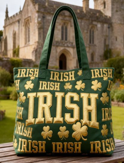 Gold "IRISH" & Shamrock Embroidered Tote Bag St.Patrick Day Canvas Handbag